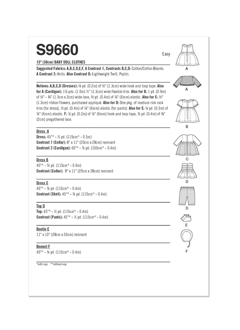 Simplicity S9660 | 15" Baby Doll Clothes | Back of Envelope