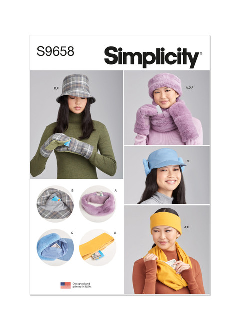 Simplicity S9658 | Misses' Hats, Headband, Mittens, Cowl and Infinity Scarf | Front of Envelope
