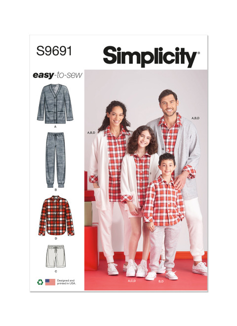 Simplicity S9691 | Girls', Boys' and Adults' Lounge Shirt, Cardigan, Shorts and Joggers | Front of Envelope
