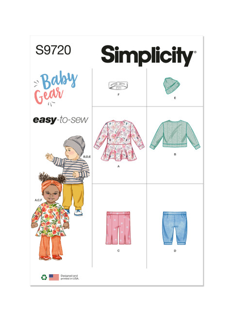 Simplicity S9720 | Babies' Knit Dress, Top, Pants, Hat and Headband in Sizes S-M-L | Front of Envelope