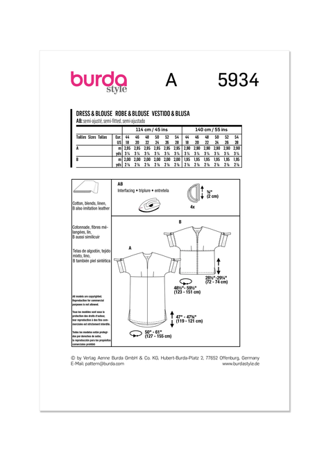 Burda Style BUR5934 | Burda Style Pattern 5934 Misses' Dress and Blouse | Back of Envelope