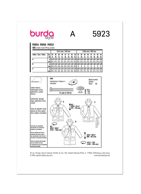 Burda Style BUR5923 | Burda Style Pattern 5923 Misses' Parka | Back of Envelope