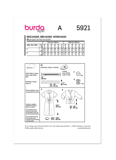 Burda Style BUR5921 | Burda Style Pattern 5921 Misses' Dress and Top | Back of Envelope