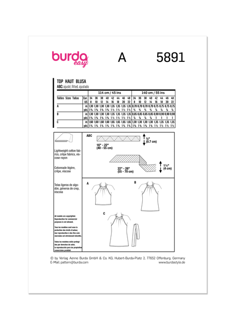 Burda Style BUR5891 | Burda Style Pattern 5891 Misses' Top | Back of Envelope