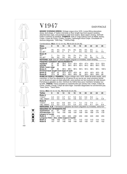 Vogue Patterns V1947 | Misses’ Evening Dress Vintage 1970's | Back of Envelope