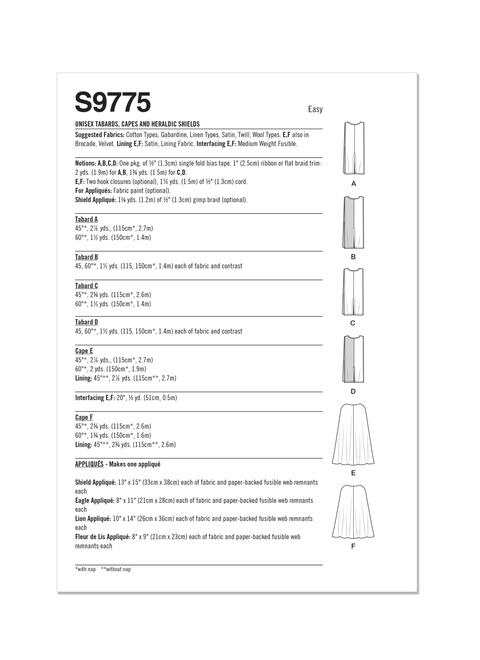 Simplicity S9775 | Unisex Tabards, Capes and Heraldic Shields | Back Envelope
