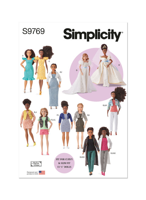 Simplicity S9769 | 11 1/2" Fashion Clothes for Regular and Curvy Size Dolls by Andrea Schewe Designs | Front of Envelope