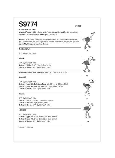 Simplicity S9774 | Decorative Plush Birds by Carla Reiss Design | Back of Envelope