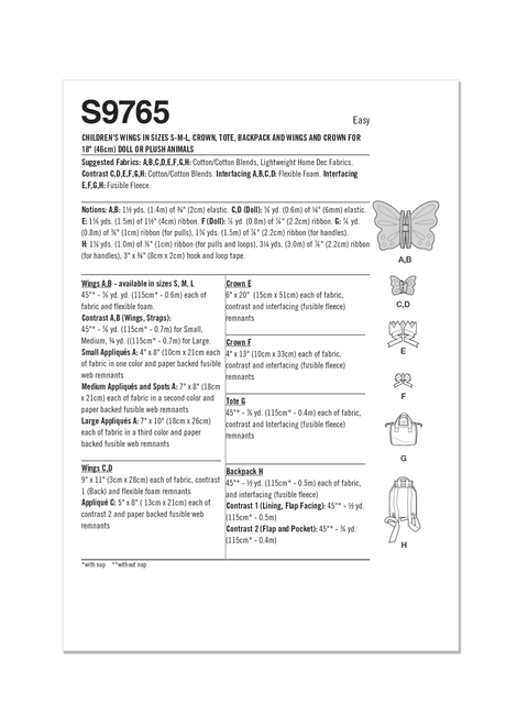 Simplicity S9765 | Children's Wings in Sizes S-M-L, Crown, Tote, Backpack and Wings and Crown for Doll or Plush Animals by Laura Ashley | Back of Envelope