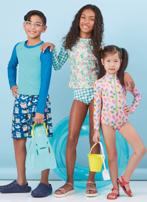 McCall's M8395 (PDF) | Children's, Girls' and Boys' Rash Guard Bodysuit, Top, Shorts and Bikini