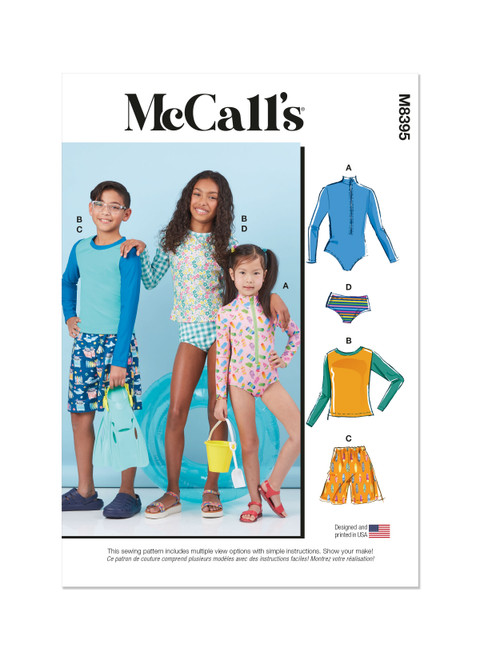 McCall's M8395 | Children's, Girls' and Boys' Rash Guard Bodysuit, Top, Shorts and Bikini | Front of Envelope