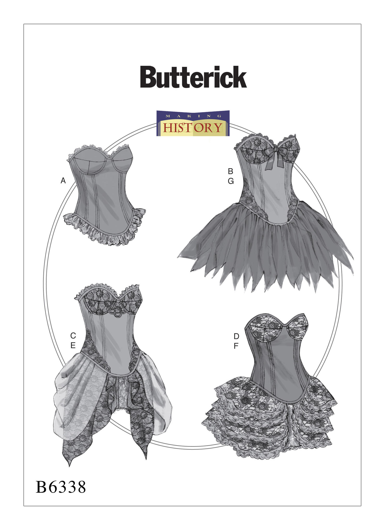 Butterick B6338 (Digital) | Curved-Hem Corsets and Skirts | Front of Envelope