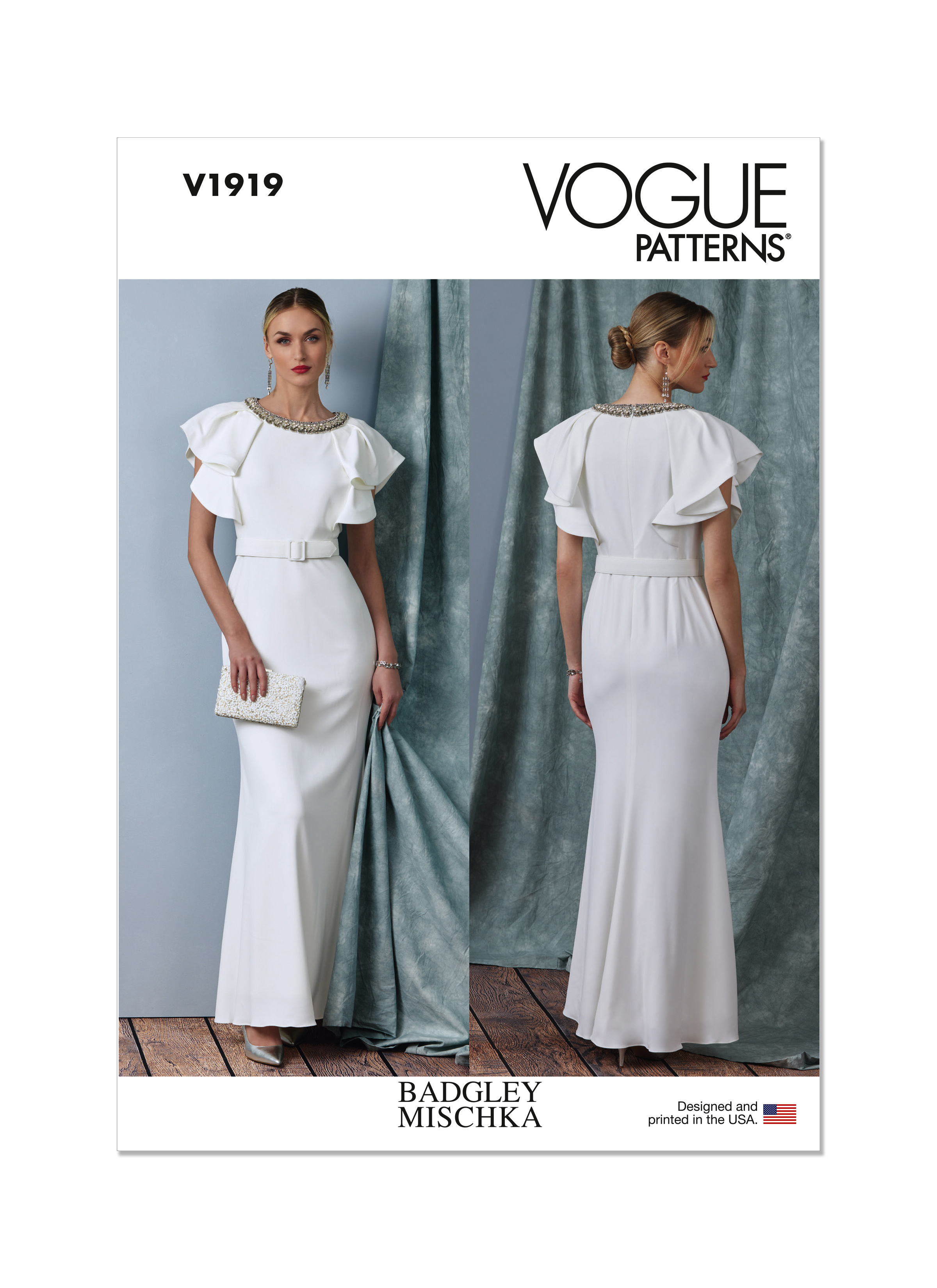 Vogue Patterns V1919 | Misses' Full Length Dress with Belt by Badgley Mischka | Front of Envelope