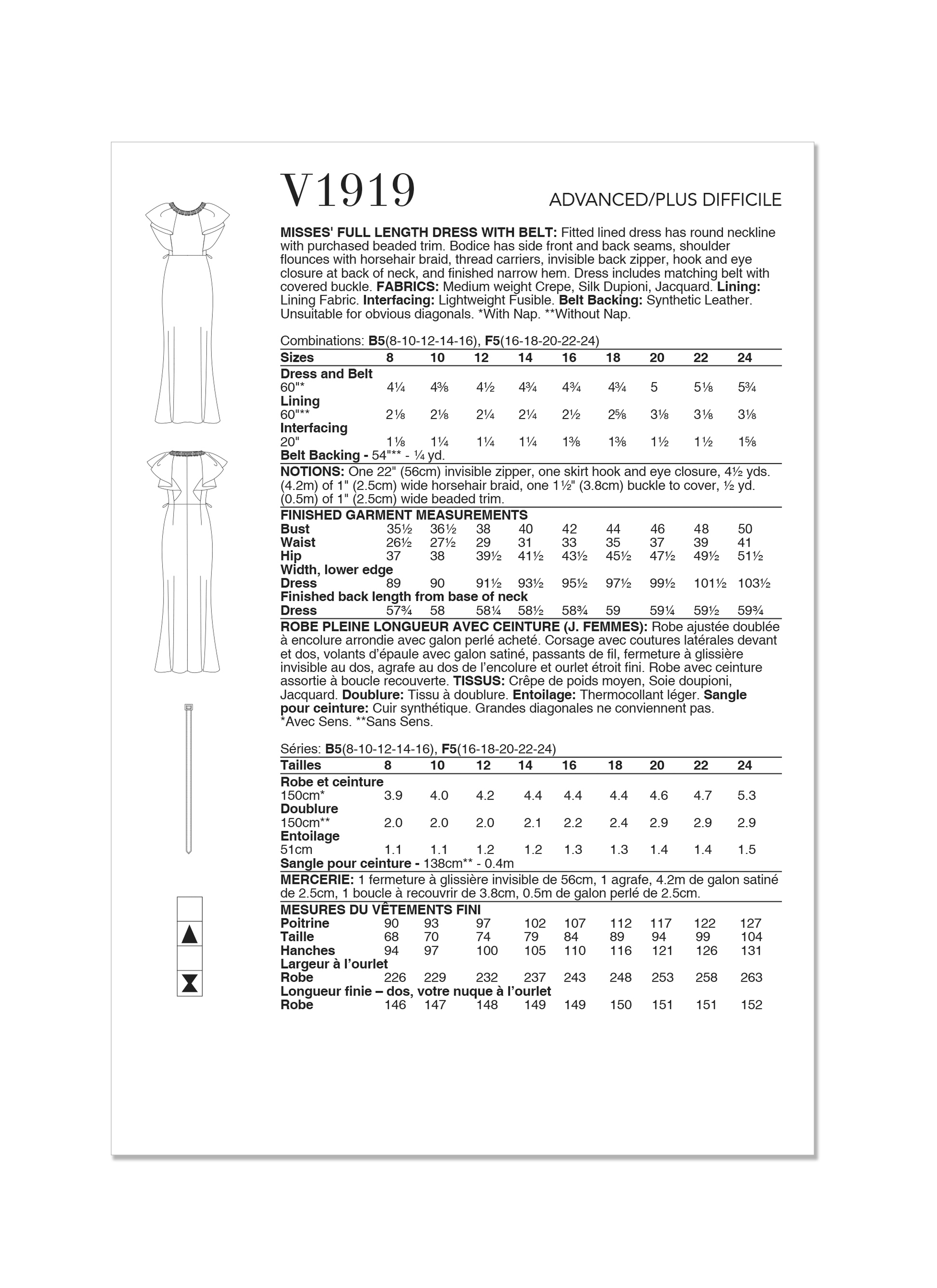 Vogue Patterns V1919 | Misses' Full Length Dress with Belt by Badgley Mischka | Back of Envelope