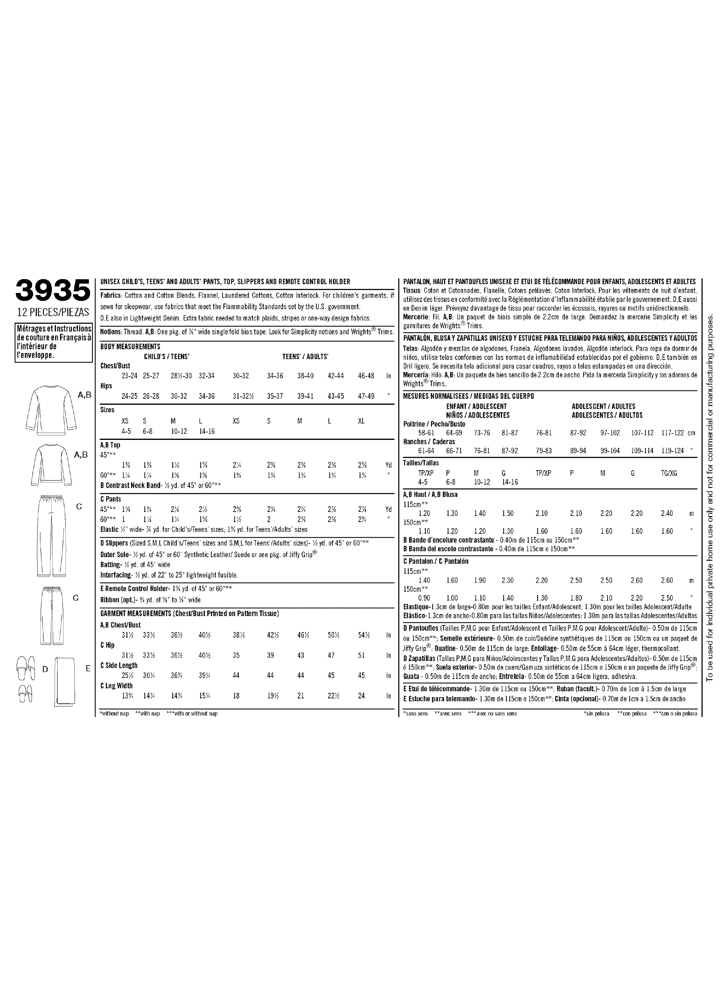 Simplicity S3935 | Child's, Teens' & Adults' Cozywear | Back of Envelope