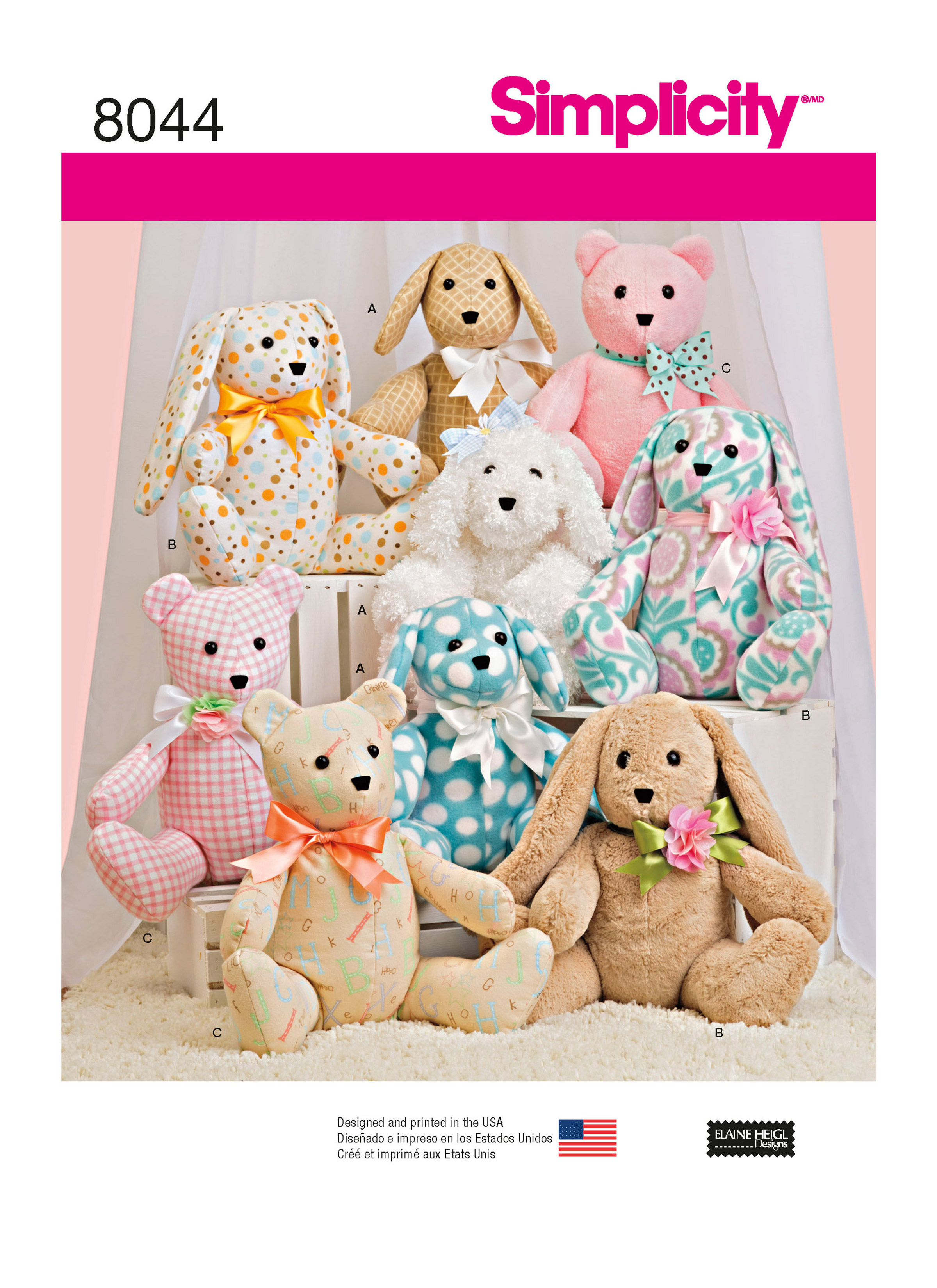 Simplicity S8044 | Two-Pattern Piece Stuffed Animals | Front of Envelope