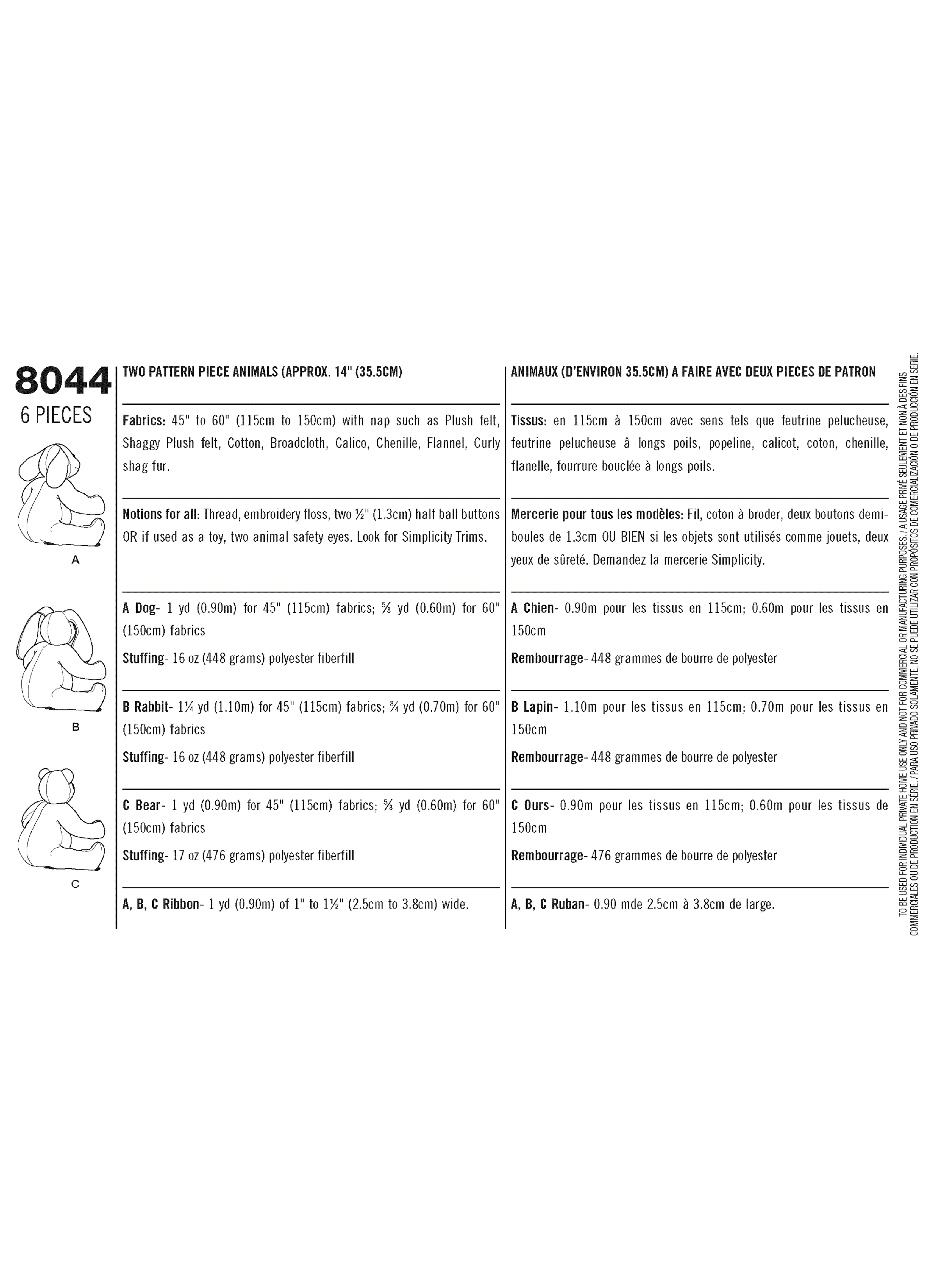 Simplicity S8044 | Two-Pattern Piece Stuffed Animals | Back of Envelope
