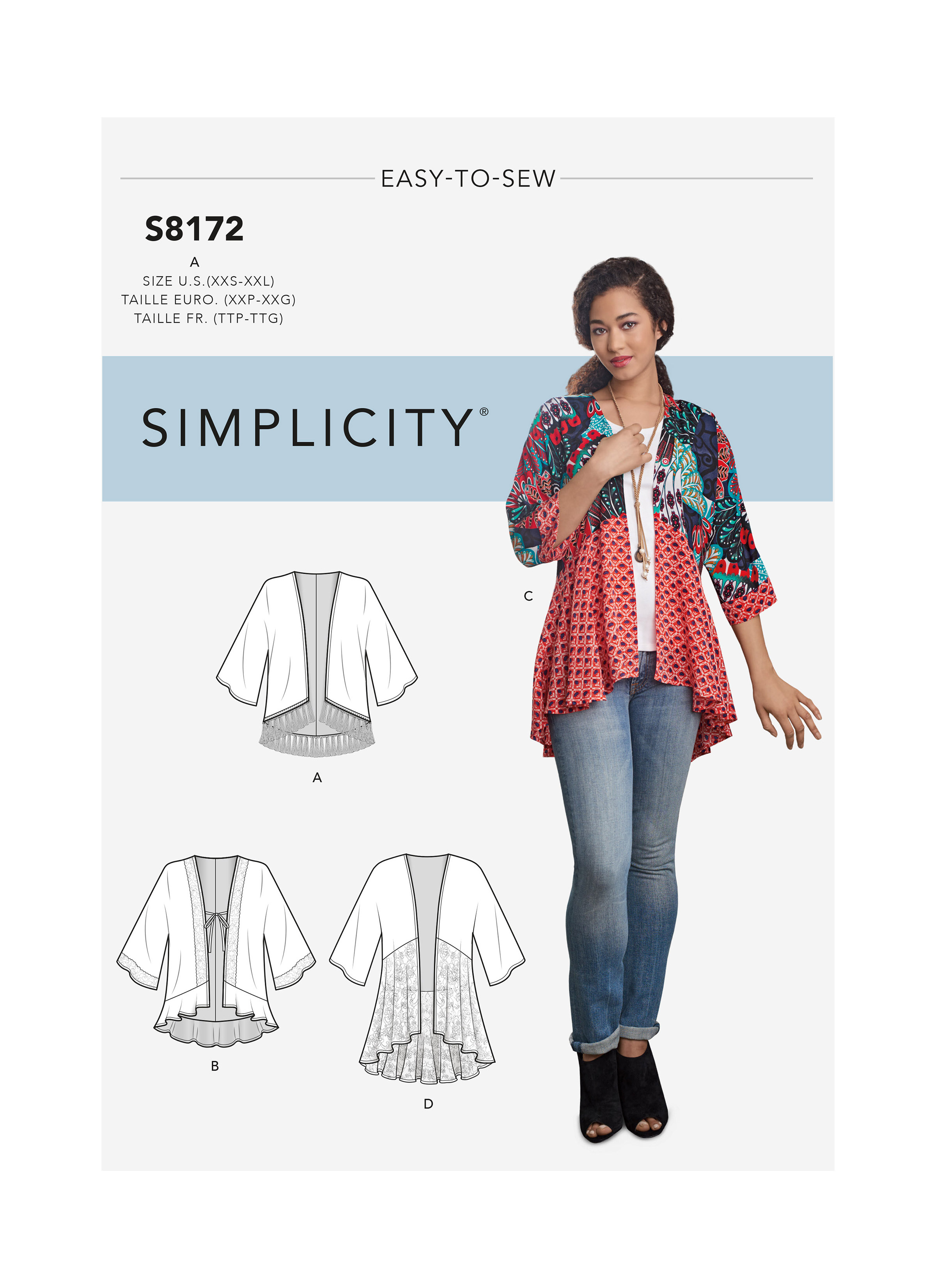 Simplicity S8172 | Misses' Fashion Kimonos with Length, Fabric and Trim Variations | Front of Envelope