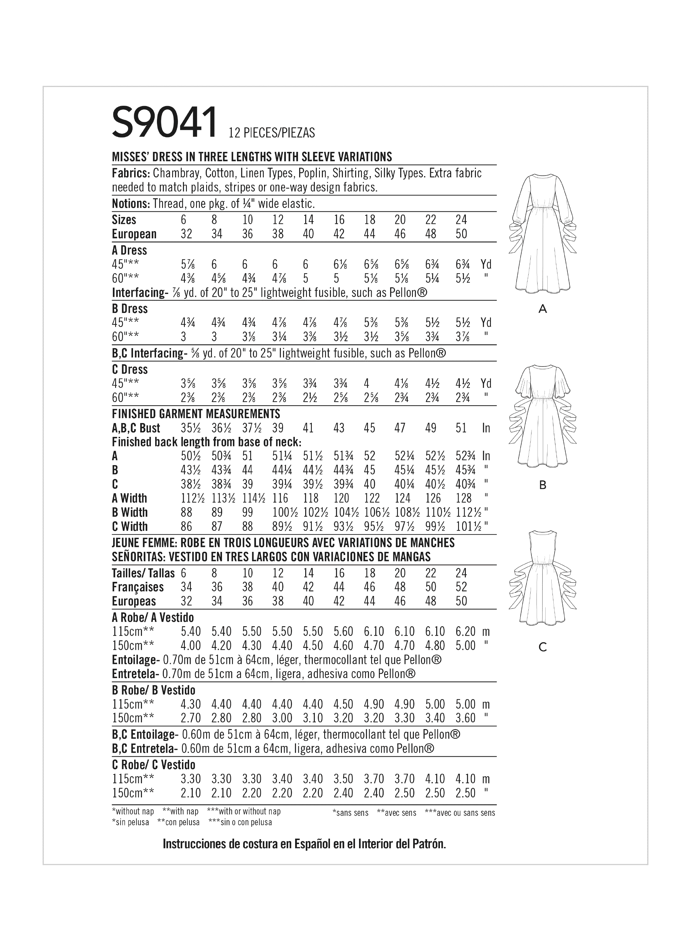 Simplicity S9041 | Misses' Dresses In Three Lengths with Sleeve Variations | Back of Envelope