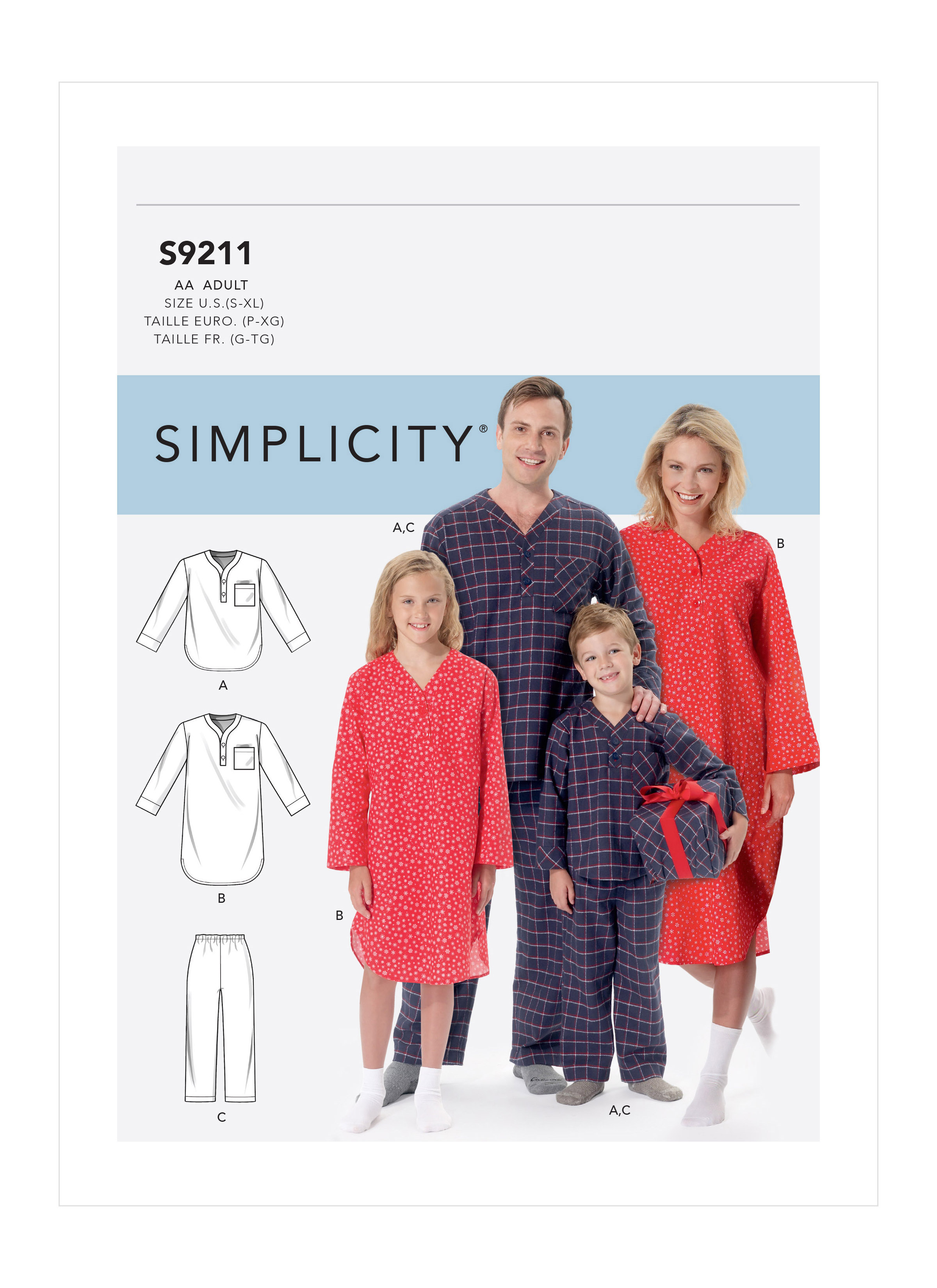 Simplicity S9211 | Misses'/Men's/Boys'/Girls' Patch Pocket Top, Nightshirt and Pants | Front of Envelope