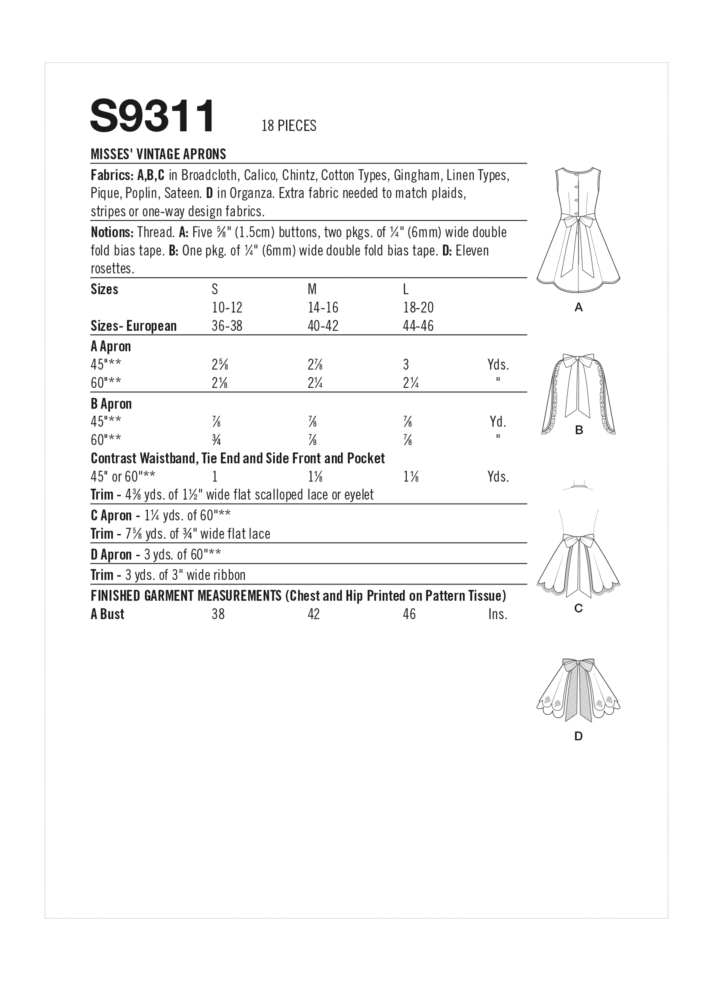 Simplicity S9311 | Misses' Vintage Aprons | Back of Envelope