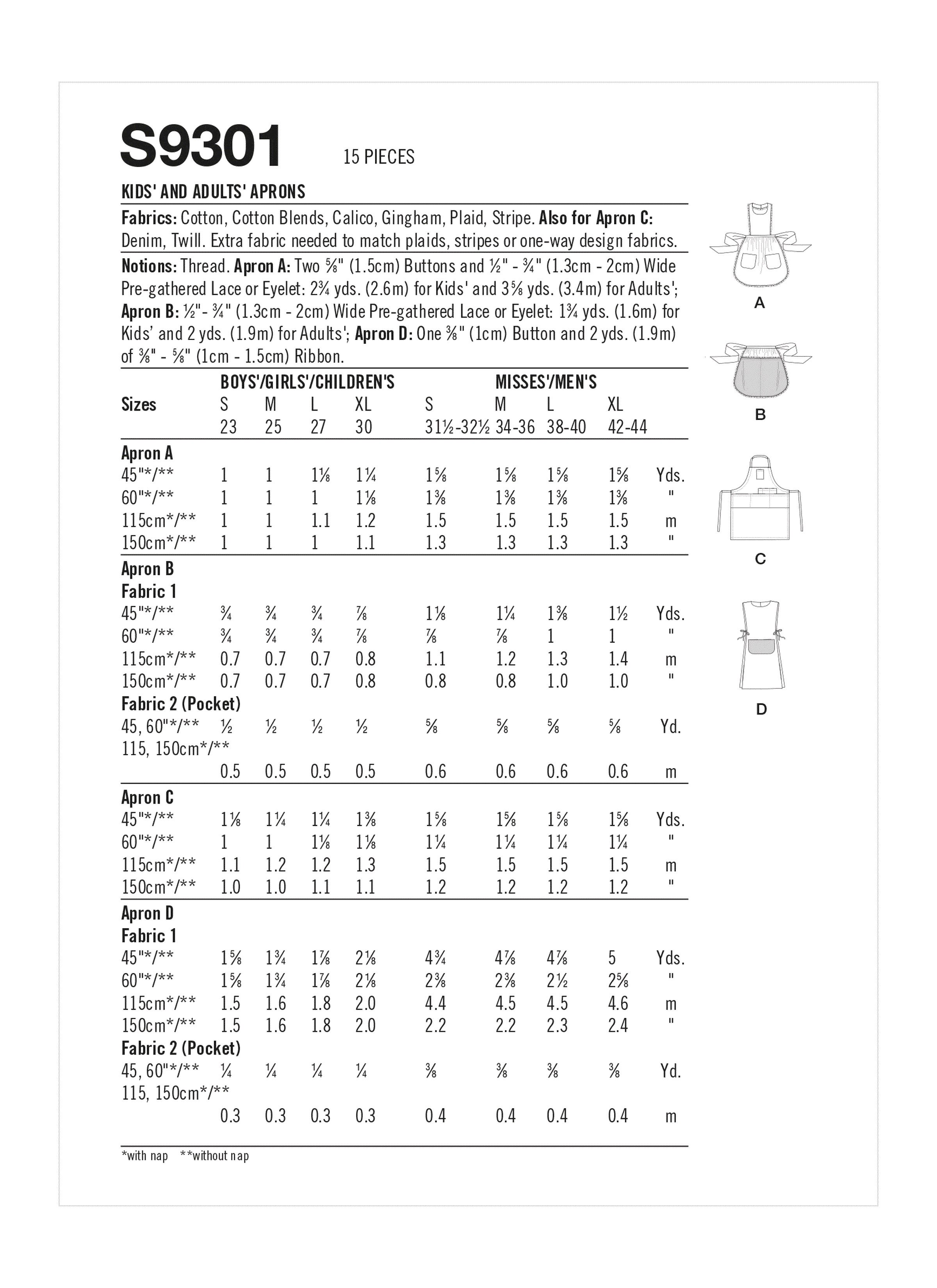 Simplicity S9301 | Kids' & Adults' Aprons | Back of Envelope