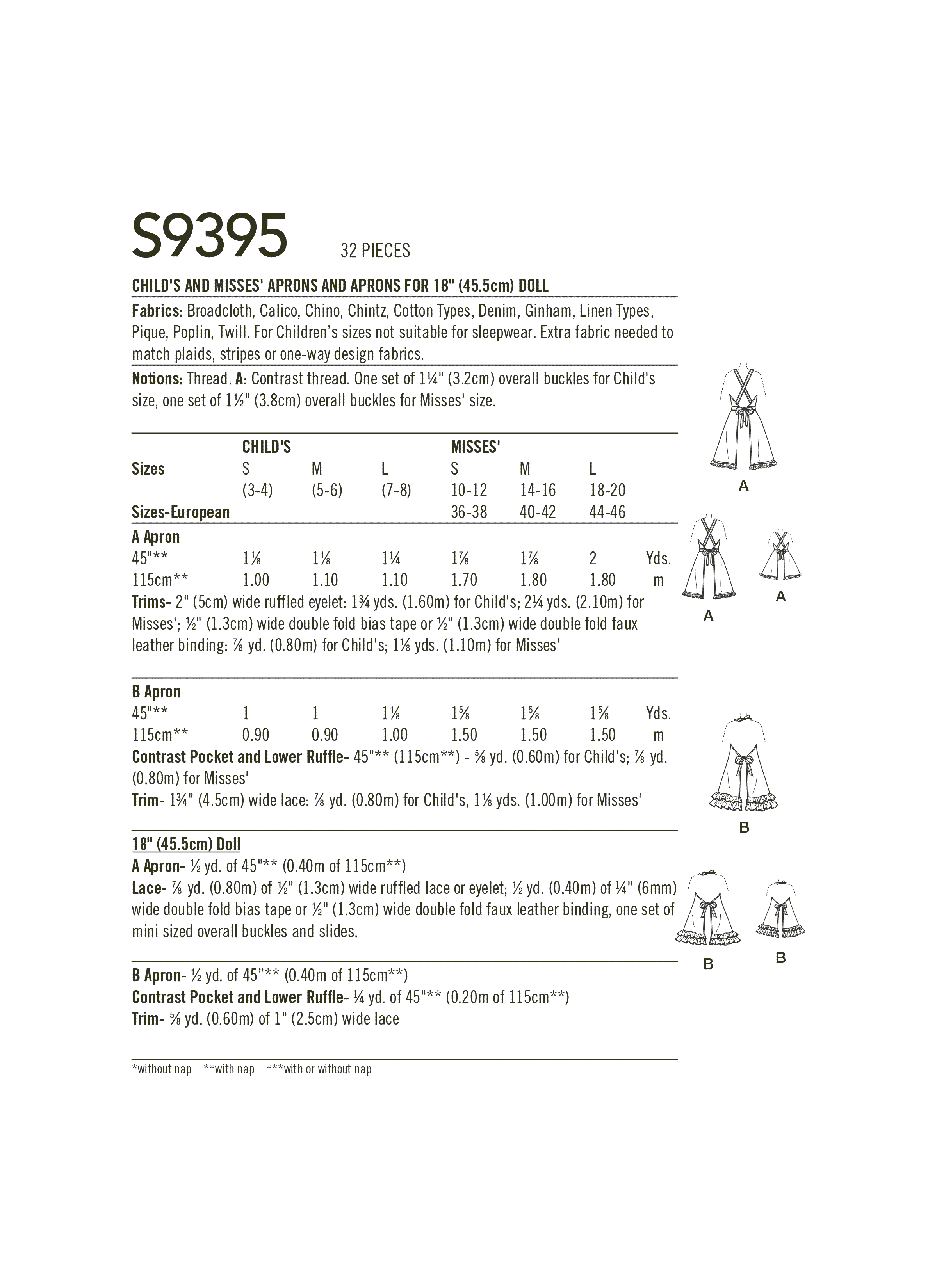 Simplicity S9395 | Aprons for Misses, Children & 18" Doll | Back of Envelope