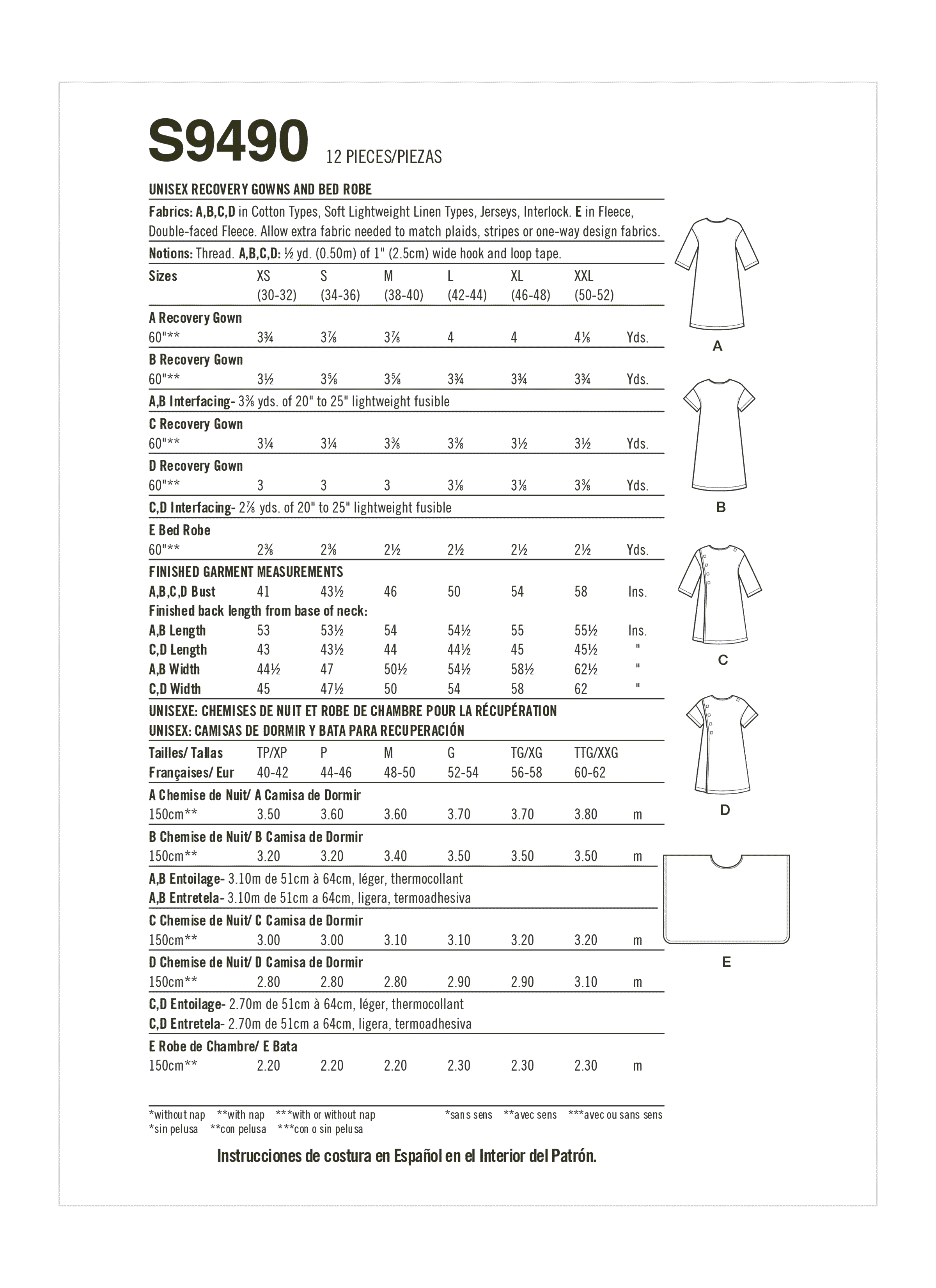 Simplicity S9490 | Unisex Recovery Gowns and Bed Robe | Back of Envelope