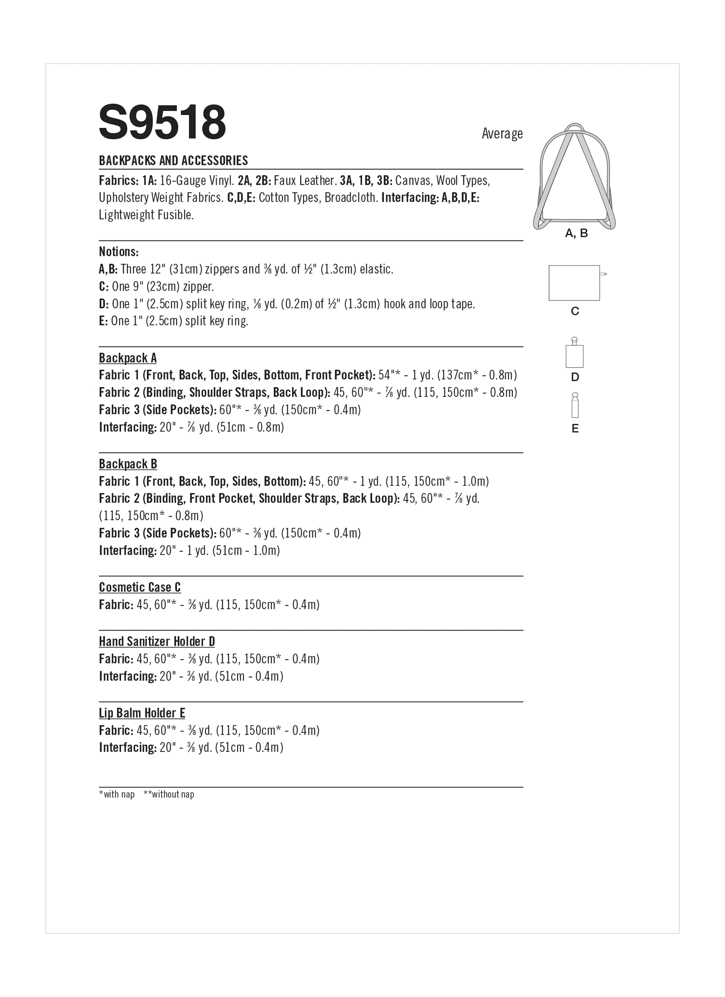 Simplicity S9518 | Backpacks and Accessories | Back of Envelope