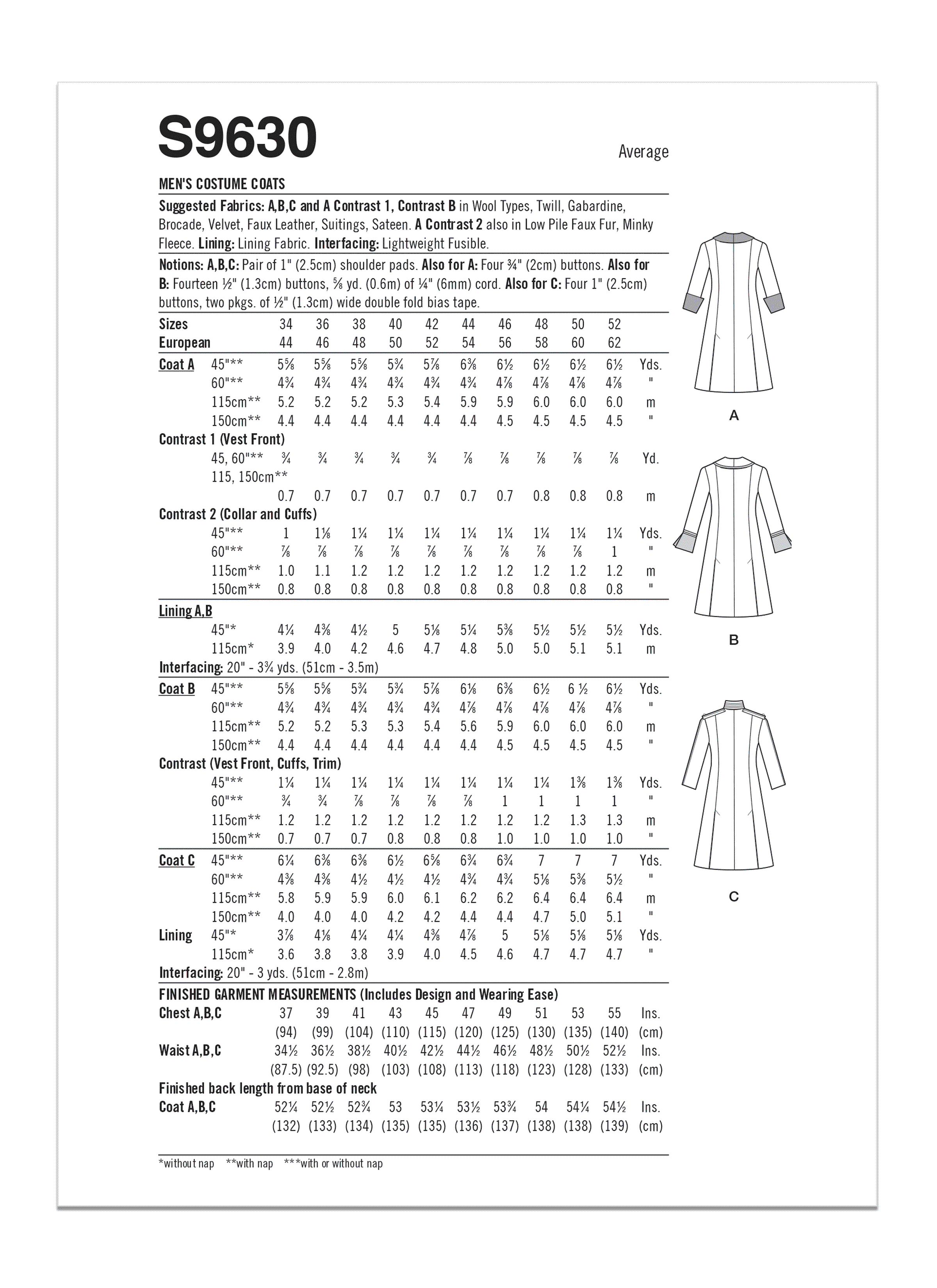 Simplicity S9630 | Men's Costume Coats | Back of Envelope