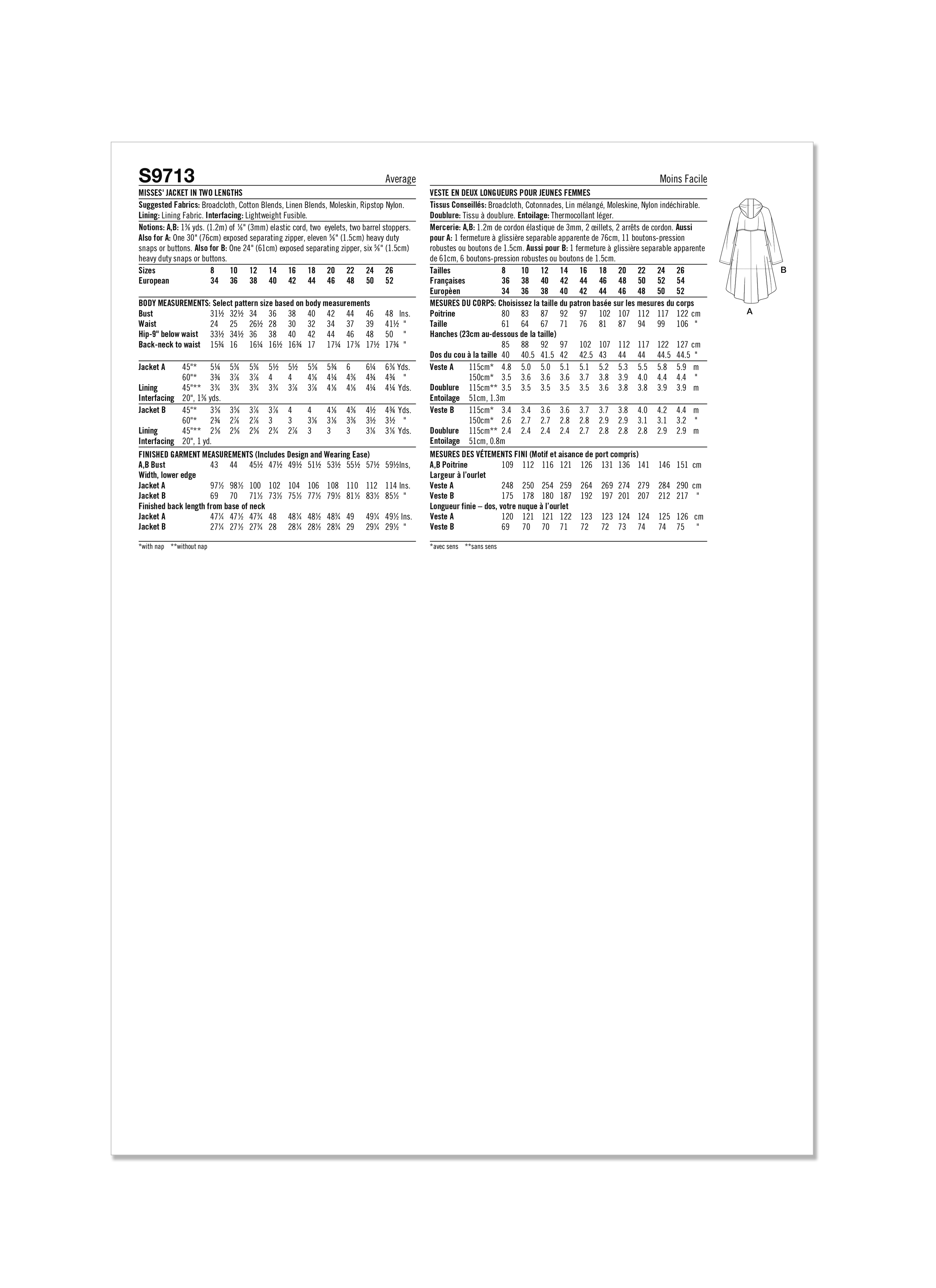 Simplicity S9713 | Misses' Jacket in Two Lengths - Designed for American Sewing Guild | Back of Envelope