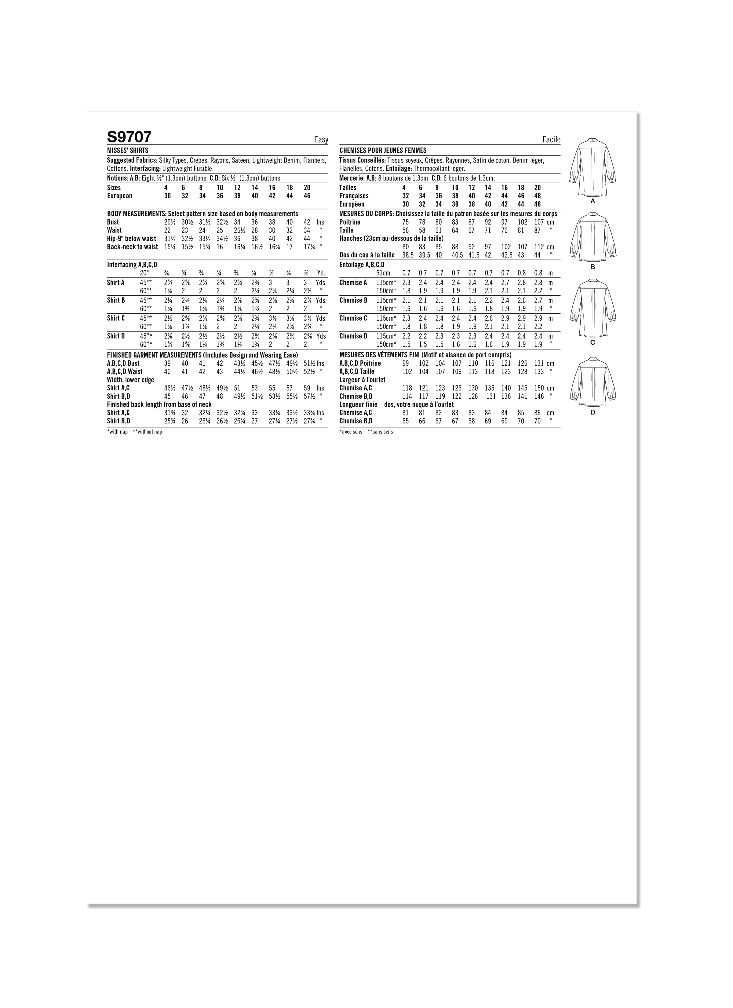 Simplicity S9707 | Misses' Shirts | Back of Envelope