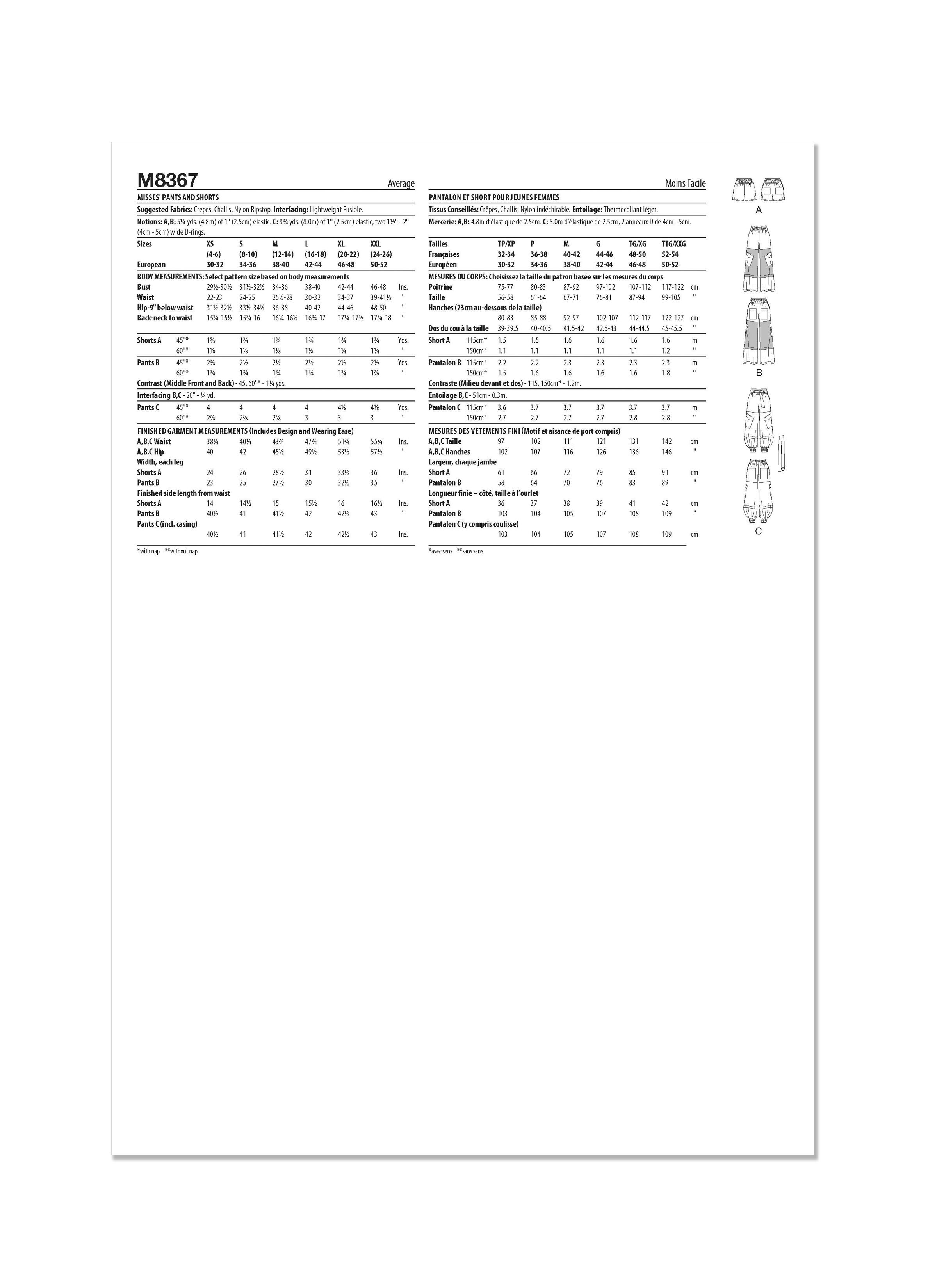 McCall's M8367 (Digital) | Misses' Pants and Shorts | Back of Envelope