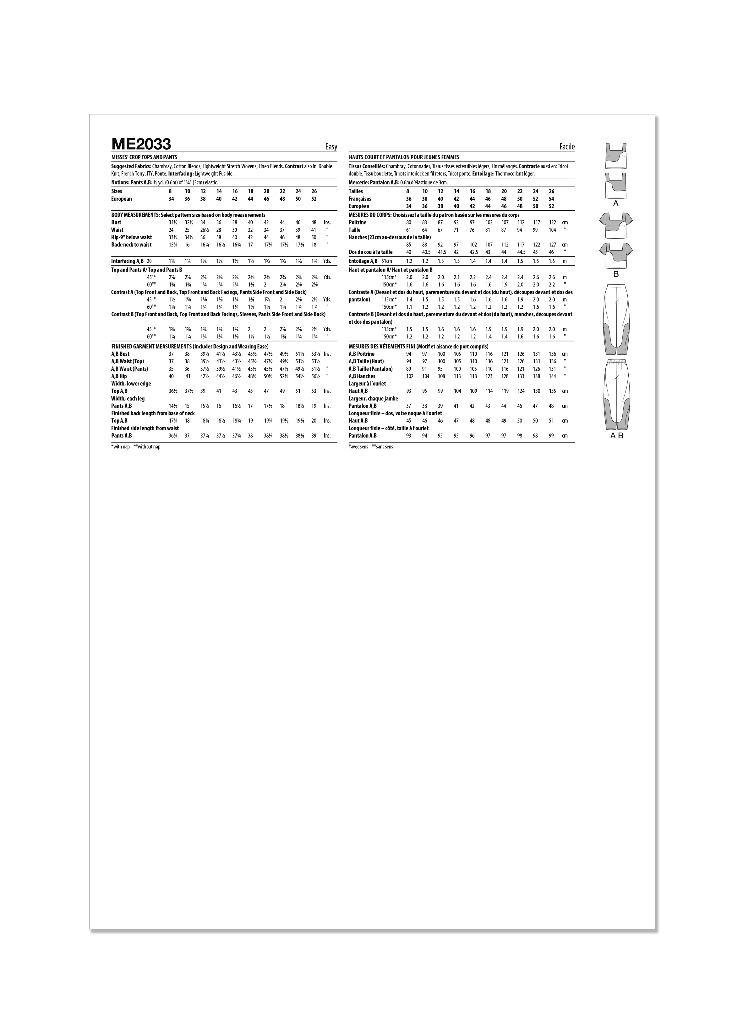 McCall's ME2033 (PDF) | Misses' Crop Tops and Pants | Back of Envelope