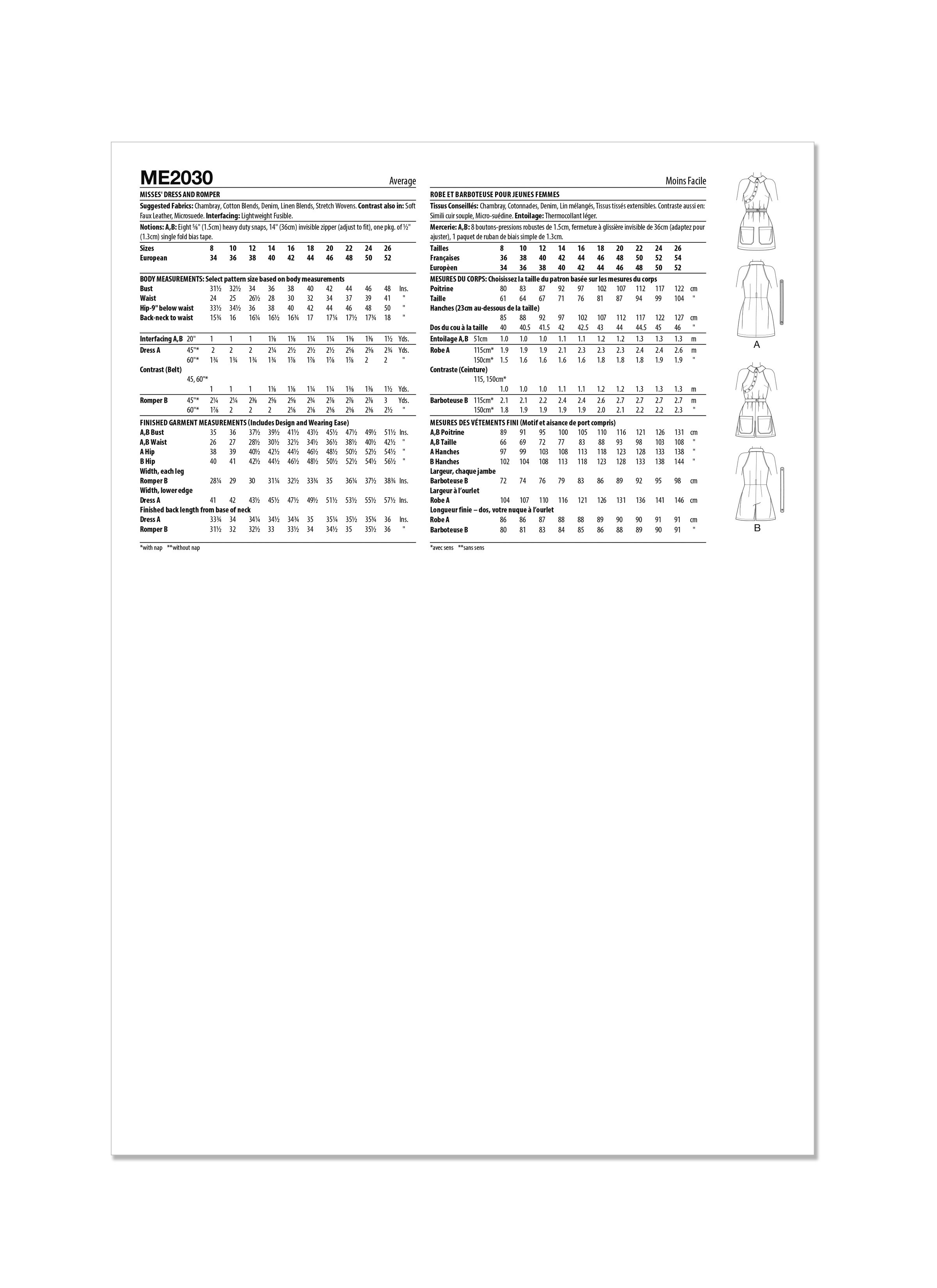 McCall's ME2030 (PDF) | Misses' Dress and Romper | Back of Envelope