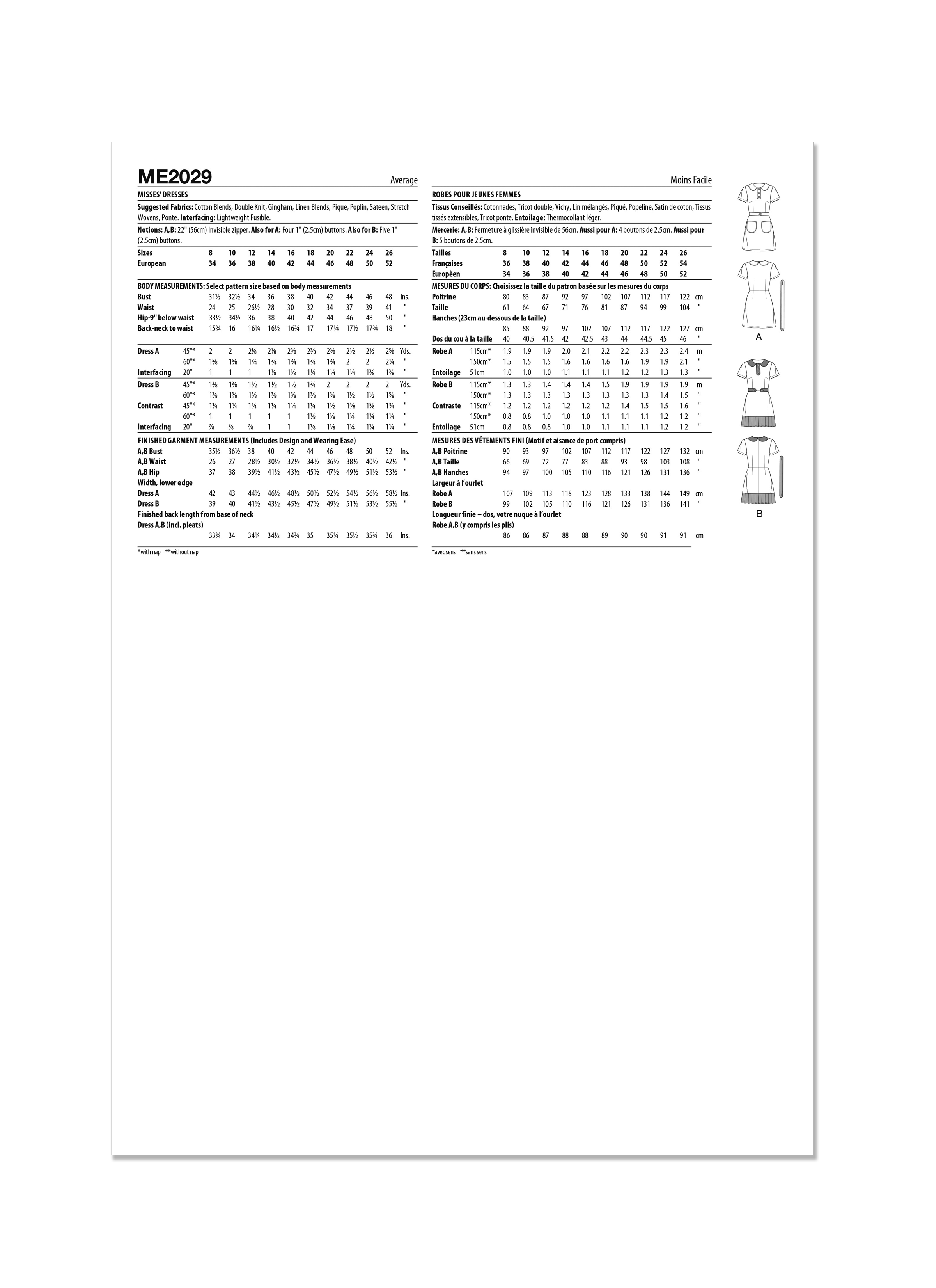 McCall's ME2029 (PDF) | Misses' Dresses | Back of Envelope
