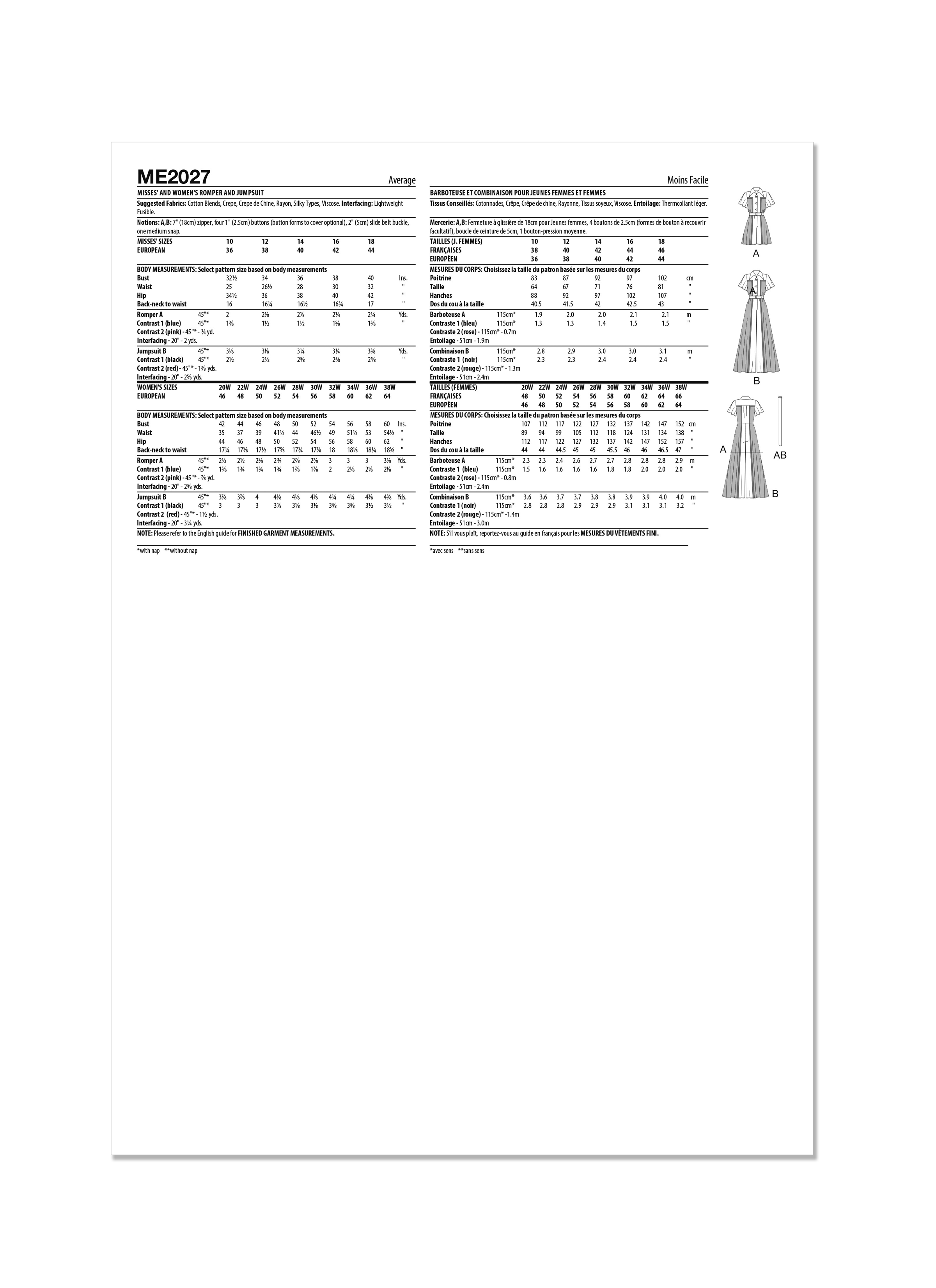 McCall's ME2027 (PDF) | Misses' and Women's Romper and Jumpsuit | Back of Envelope
