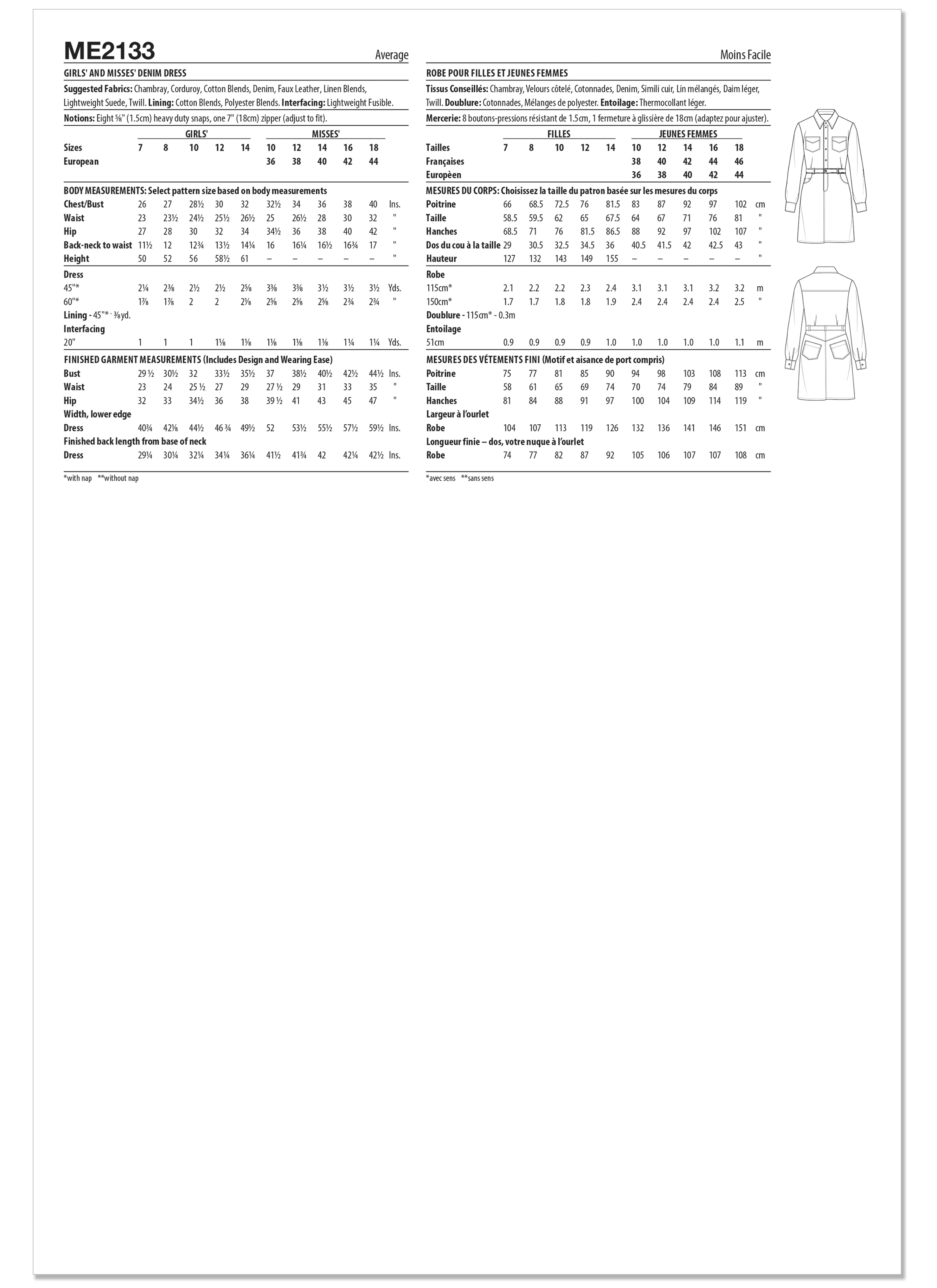 Know Me ME2133 | Know Me Sewing Pattern Girl's and Misses' Denim Dress by Brittany J. Jones | Back of Envelope