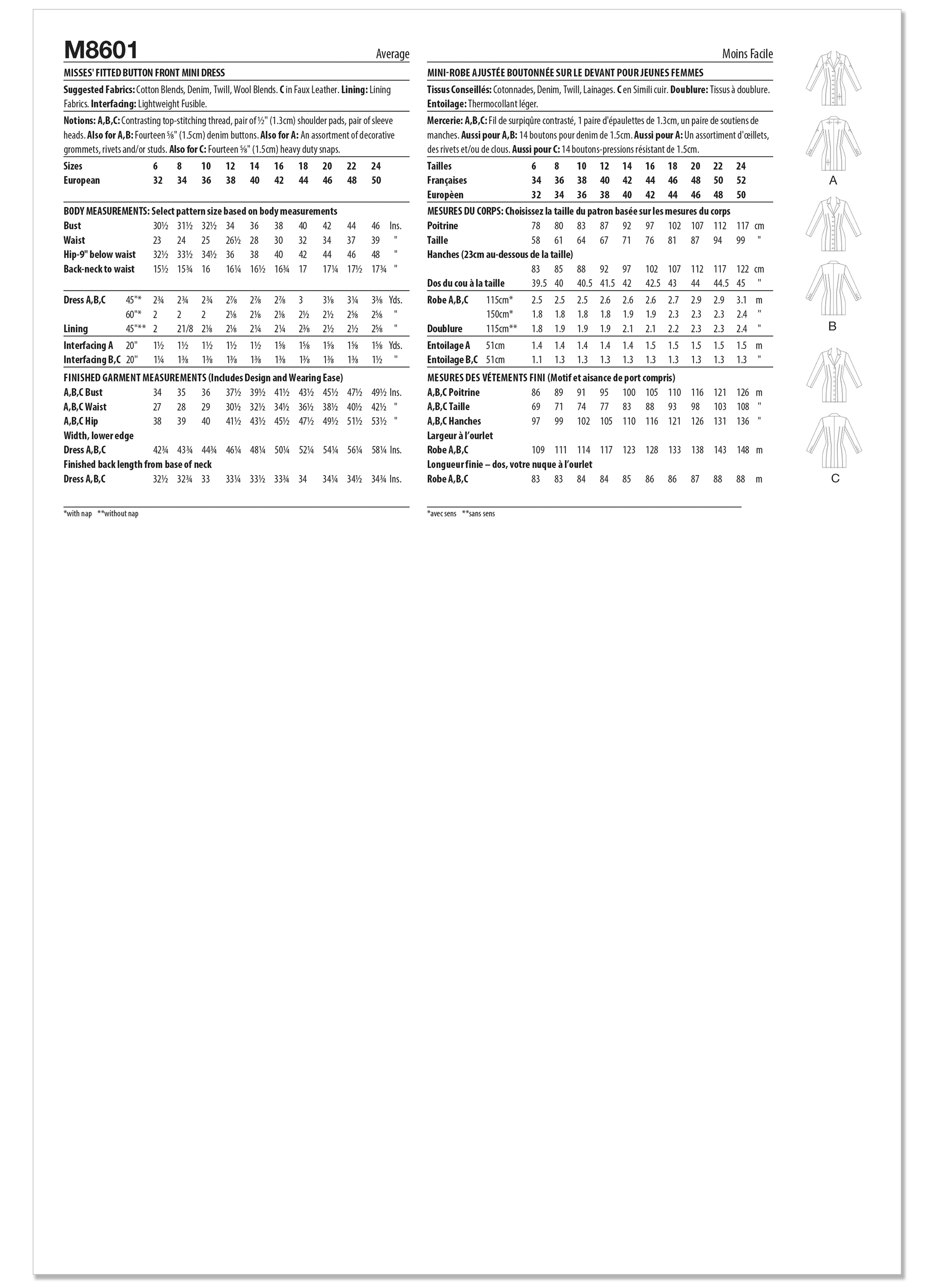 McCall's M8601 | McCall's Sewing Pattern Misses' Fitted Button Front Mini Dress | Back of Envelope