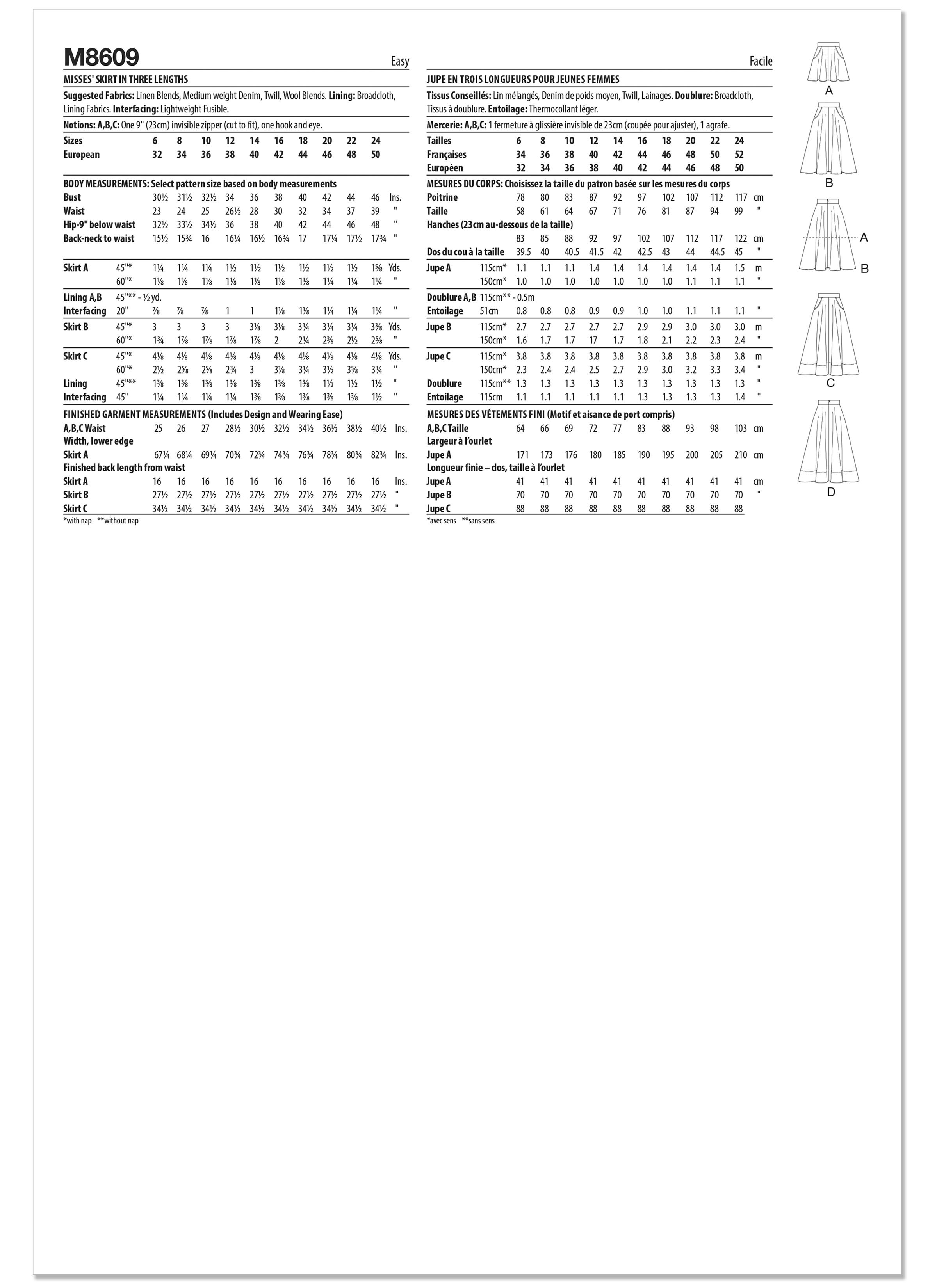 McCall's M8609 | McCall's Sewing Pattern Misses' Skirt in Three Lengths | Back of Envelope