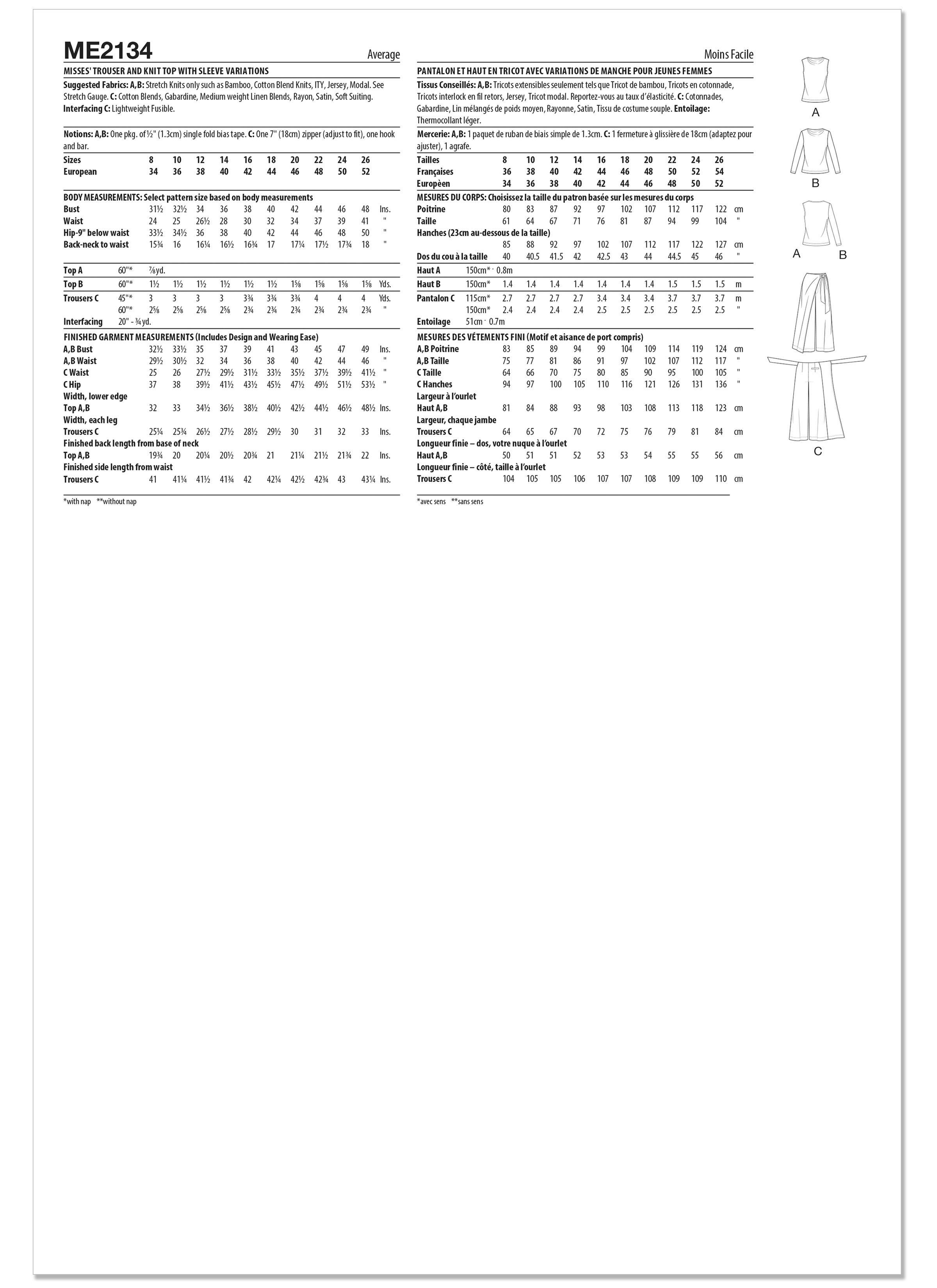 Know Me ME2134 | Know Me Sewing Pattern Misses' Trouser and Knit Top with Sleeve Variations by Sew Bake Make | Back of Envelope