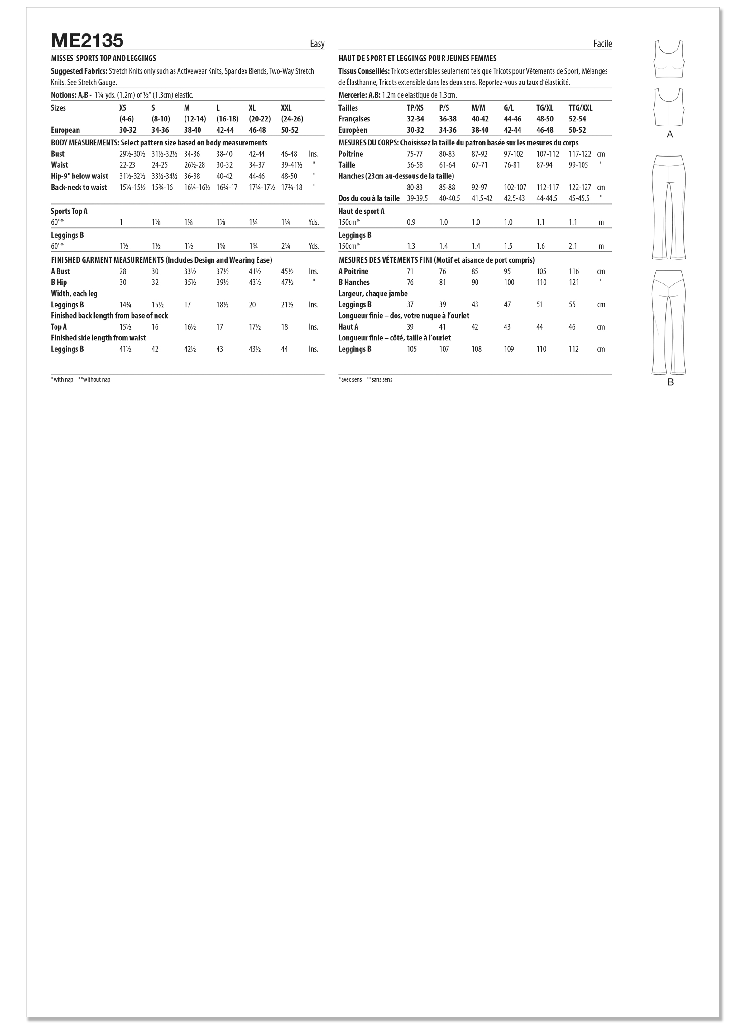 Know Me ME2135 | Know Me Sewing Pattern Misses' Sports Top and Leggings by Classyfied Life | Back of Envelope