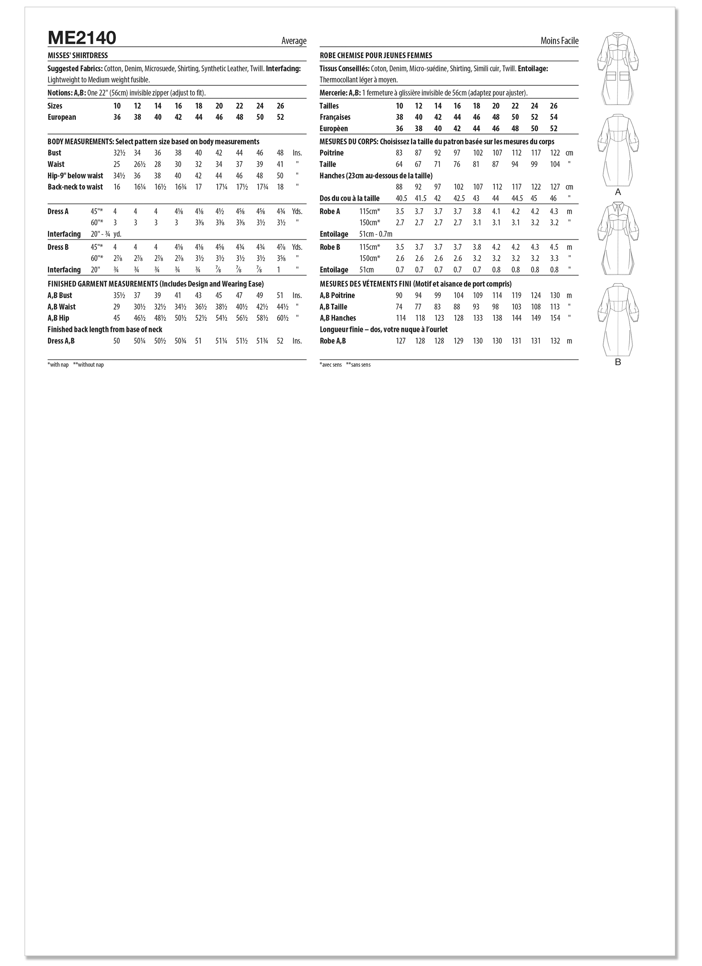 Know Me ME2140 | Know Me Sewing Pattern Misses' Shirtdress by Keechii B Style | Back of Envelope