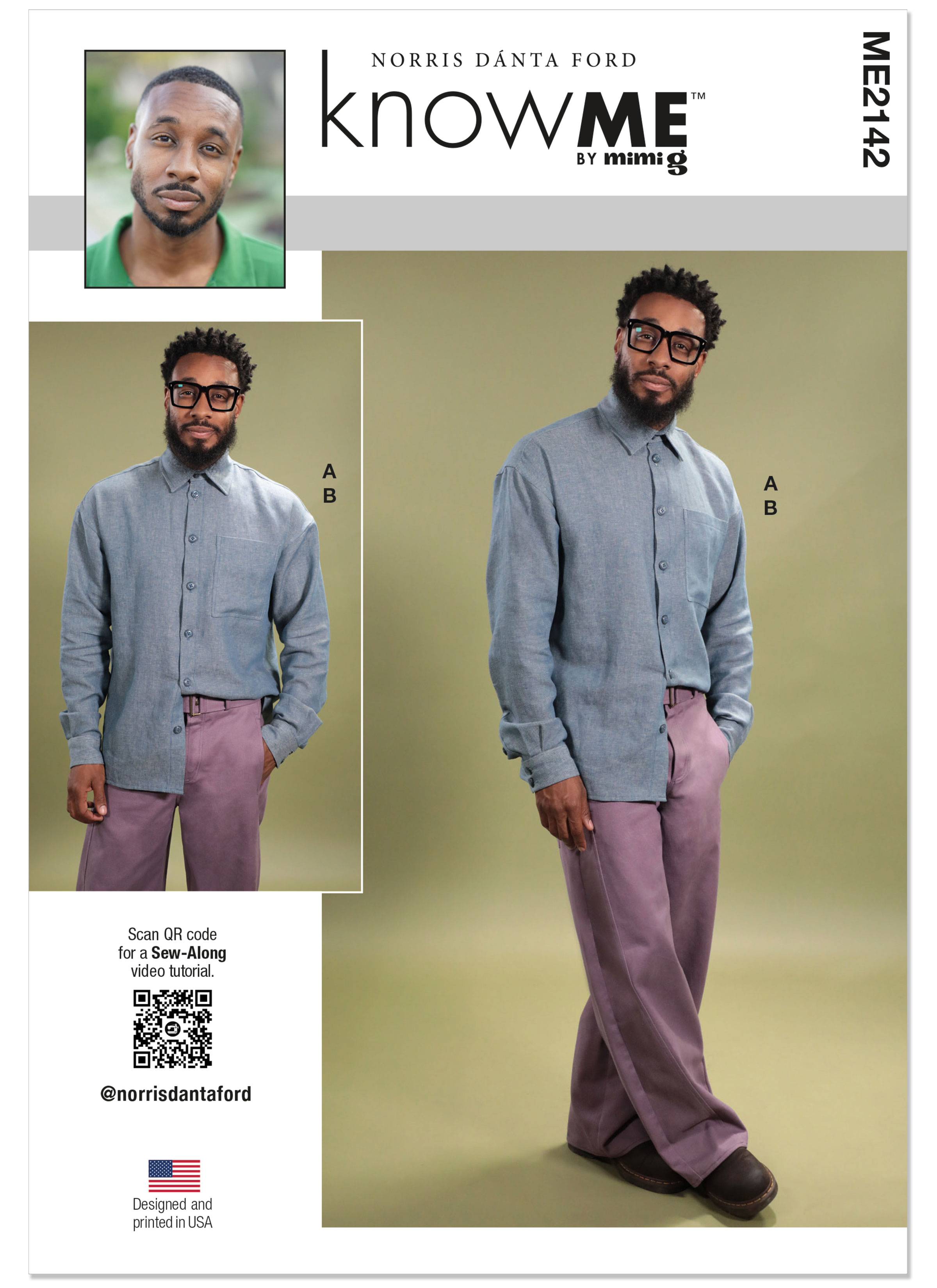 Know Me ME2142 | Know Me Sewing Pattern Men's Shirt and Jeans with Belt by Norris Dánta Ford | Front of Envelope