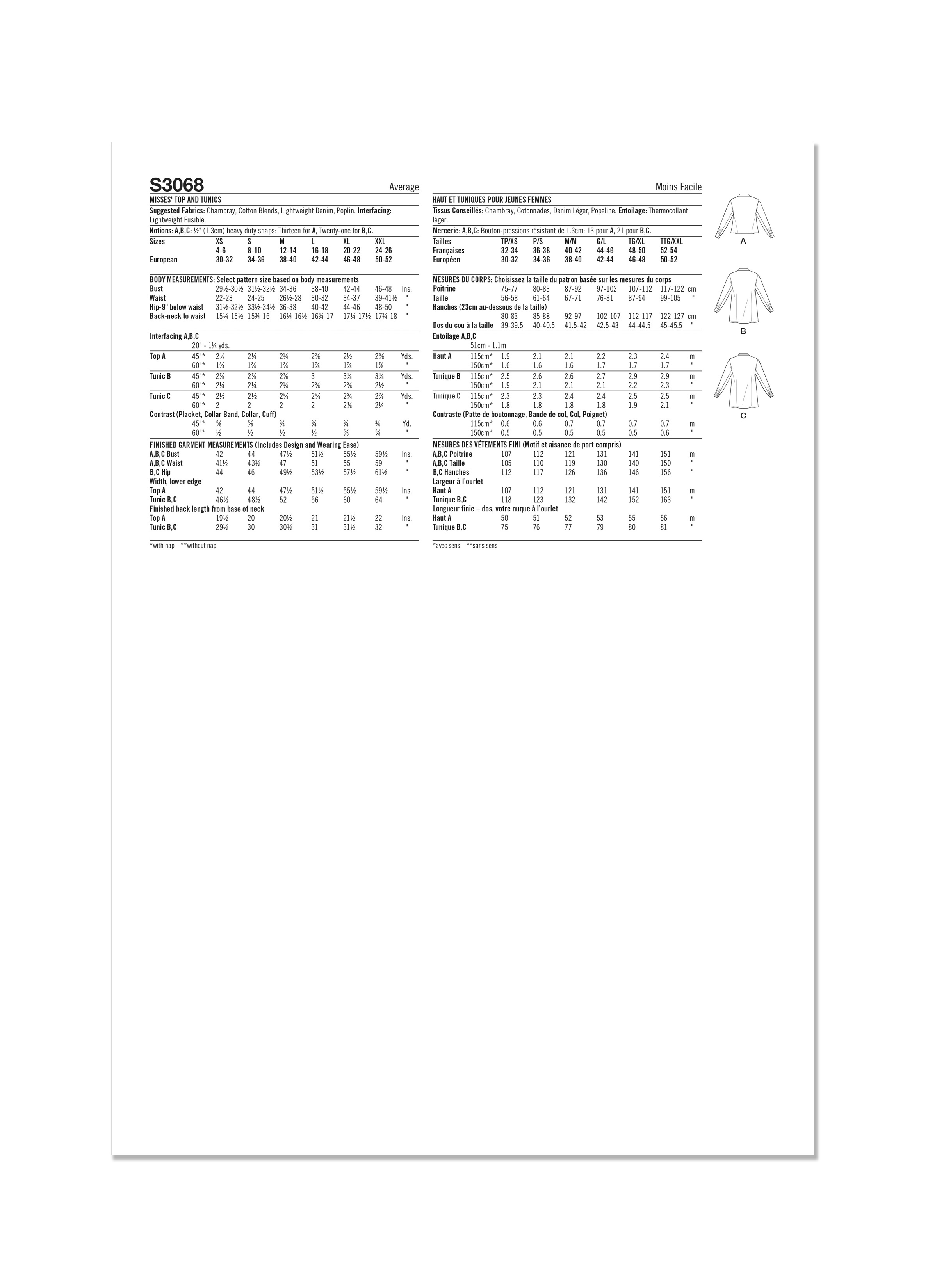 Simplicity S3068 | Simplicity Sewing Pattern Misses' Top and Tunics | Back of Envelope