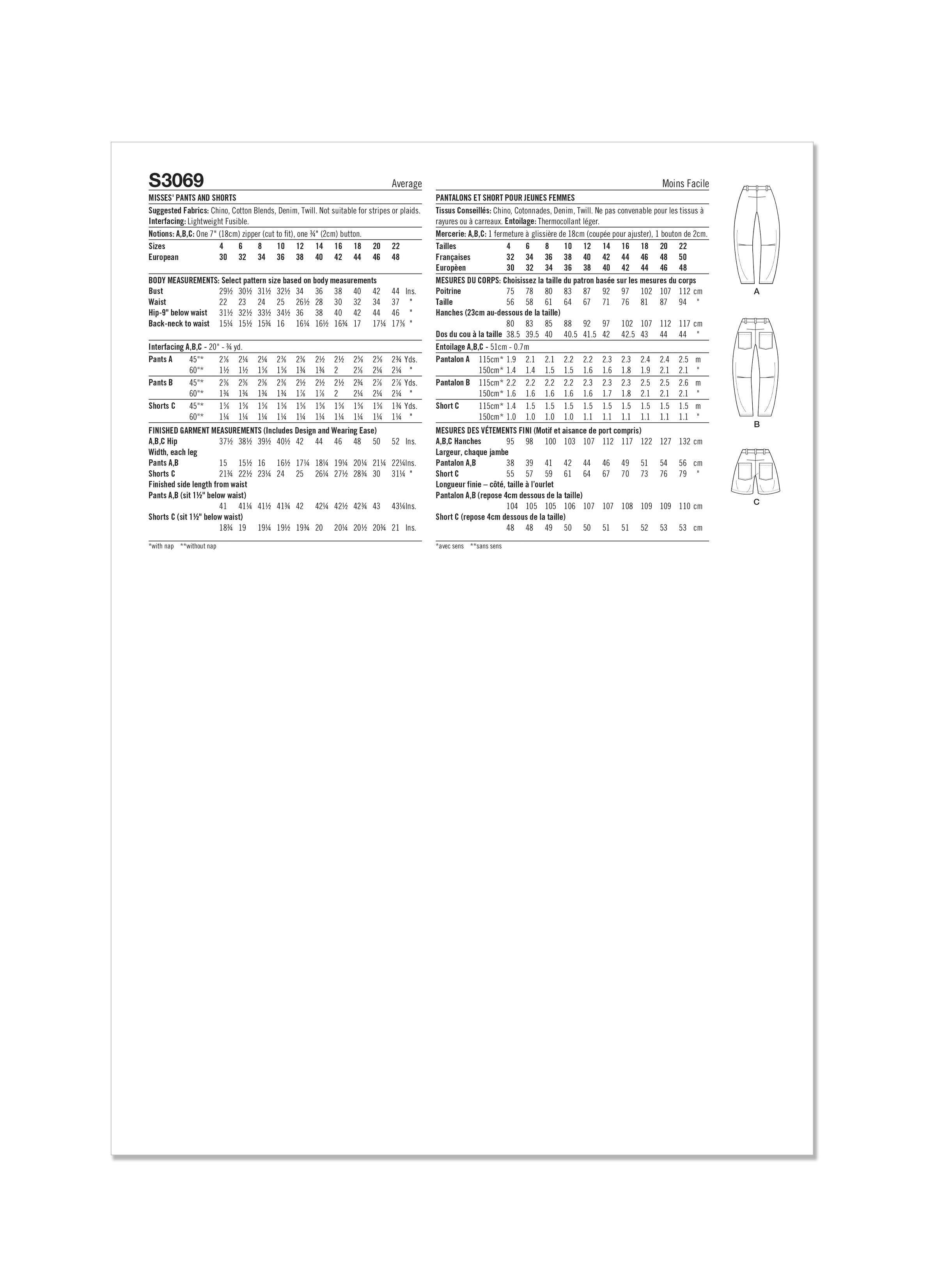 Simplicity S3069 | Simplicity Sewing Pattern Misses' Pants and Shorts | Back of Envelope