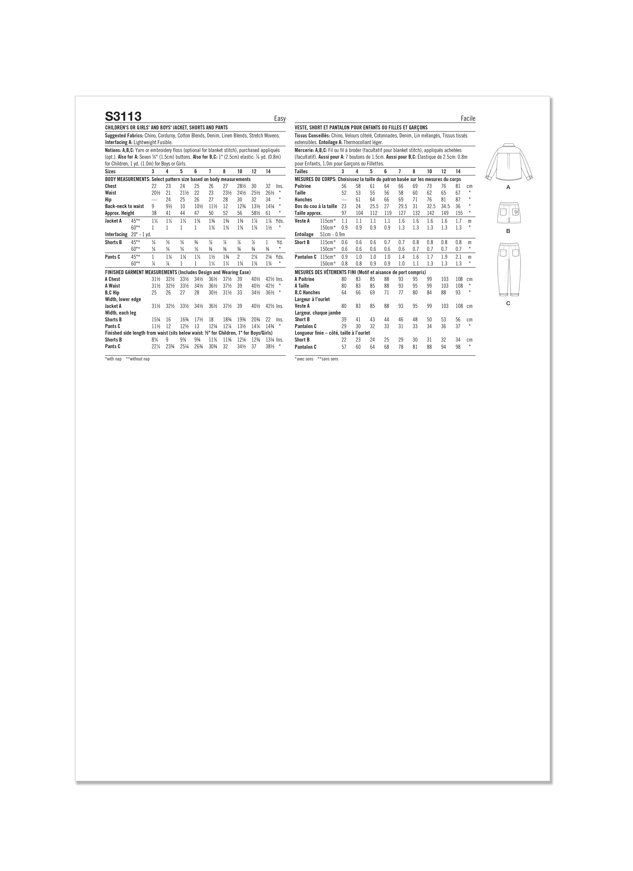 Simplicity S3113 | Simplicity Sewing Pattern Children's or Girls' and Boys' Jacket, Shorts and Pants | Back of Envelope