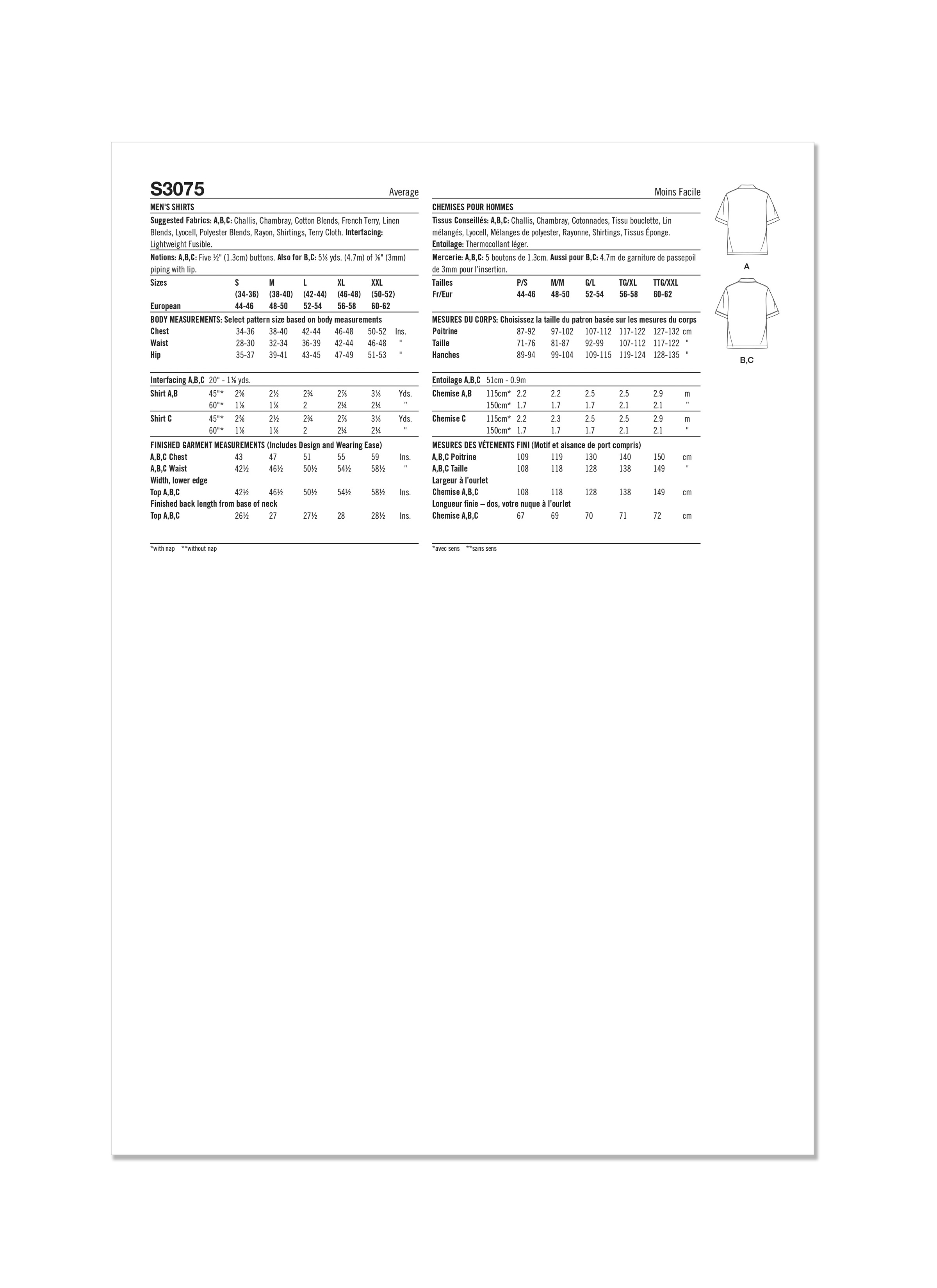Simplicity S3075 | Simplicity Sewing Pattern Men's Shirts | Back of Envelope