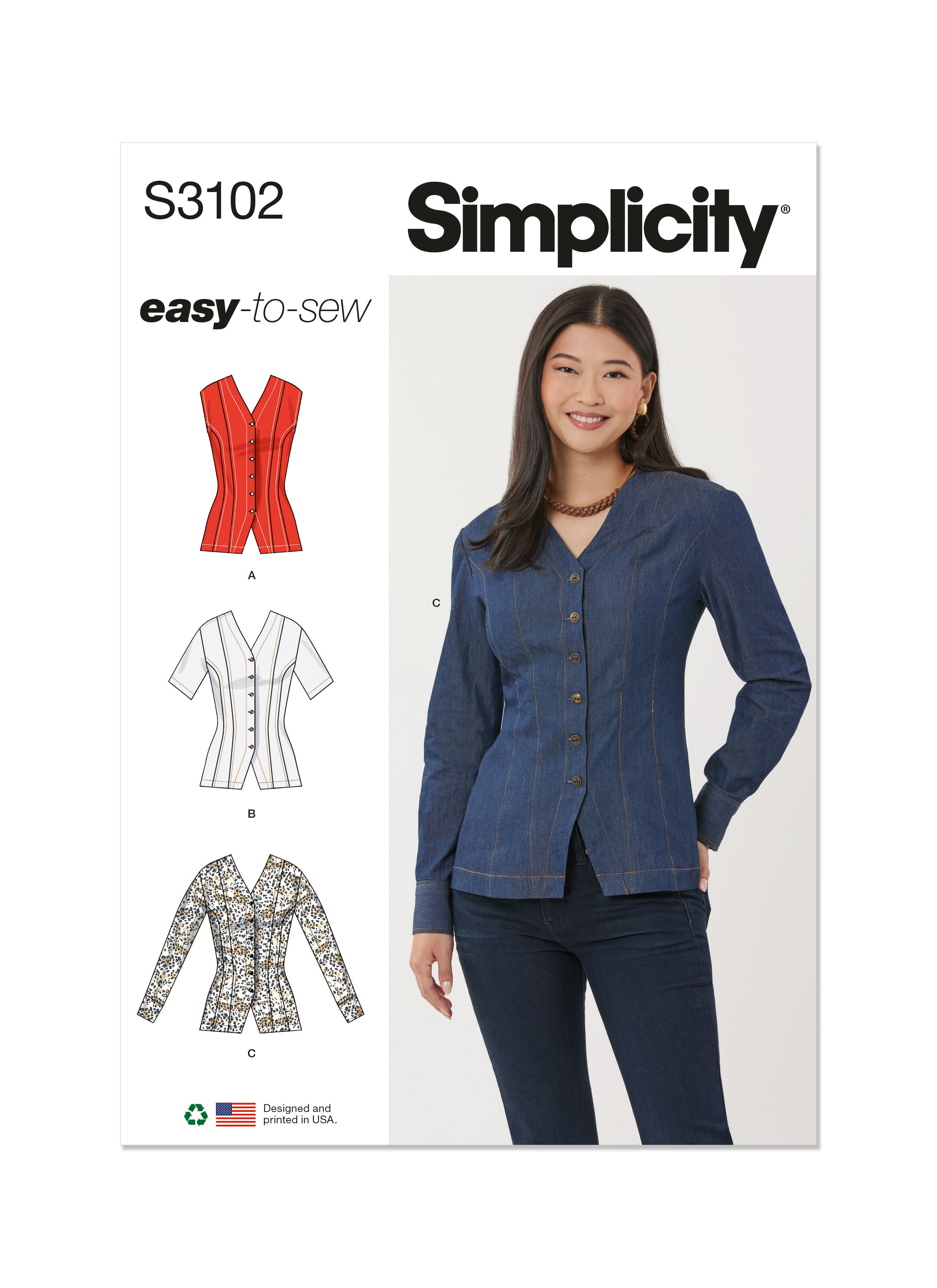 Simplicity S3102 | Simplicity Sewing Pattern Misses' Shirt with Sleeve Variations | Front of Envelope
