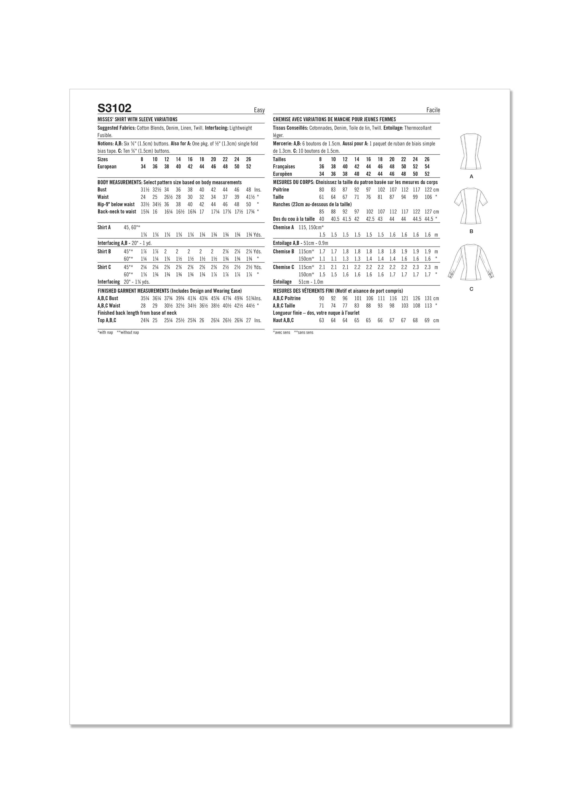 Simplicity S3102 | Simplicity Sewing Pattern Misses' Shirt with Sleeve Variations | Back of Envelope